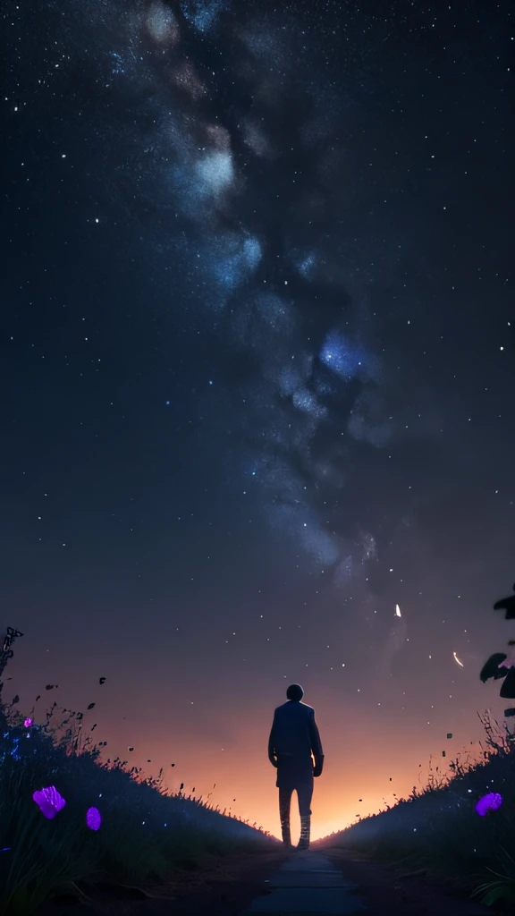 View from below with a view of the sky and street below, cool man standing in a field of higland flowers looking up, beautiful field of flower, Sparkling lighting, Atmospheric Illumination, detailed, million of stars, A shooting star visible from the position of the head flowed into the night sky.、The area is pitch dark、In the darkness、masutepiece、realisitic, detailed background, beautiful fireflies, milky way