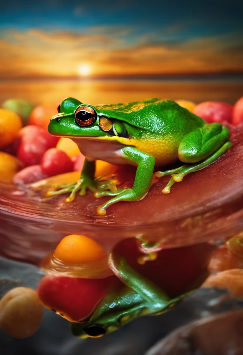 Frog dancing in a colorful sea holding a mango