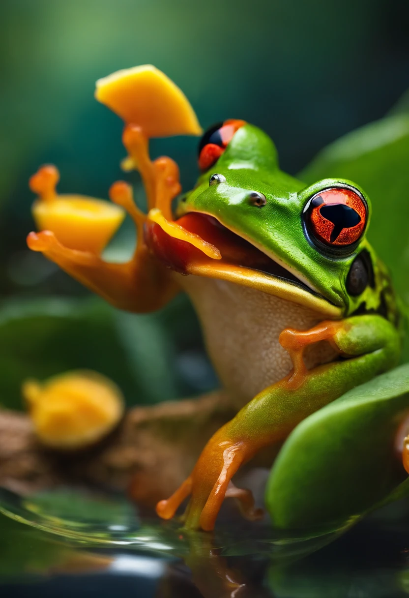 Frog dancing in a colorful sea holding a mango