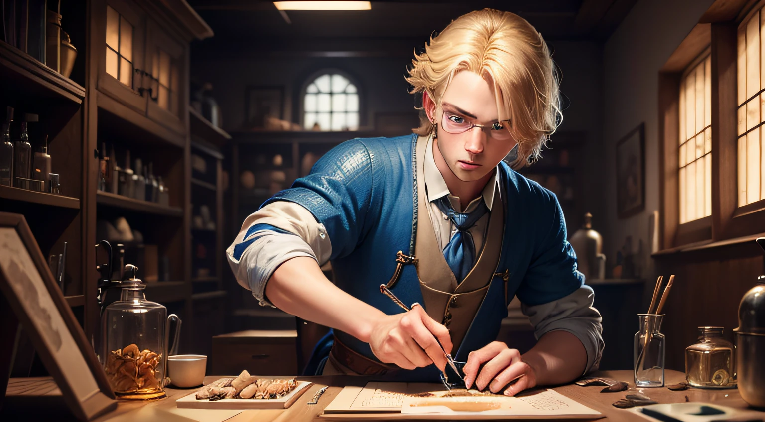 a blond-haired, medieval blue-eyed youth in his laboratory dissects animals,illustration,ultra-detailed,realistic,highres,sharp focus,physically-based rendering,professional,vivid colors,horror,colorful palette,dim lighting