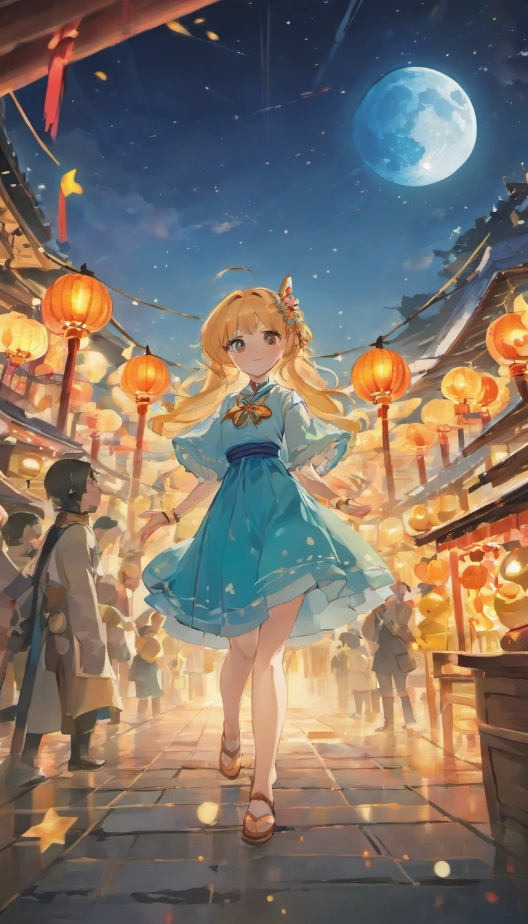 Mid-Autumn Festival、full moon、themoon、The villagers、Star of the Sun、Mooncake stalls、Concert、band、fire works、tradit、celebrating、enviroment、Plaza、Bamboo lanterns、the night、celebrating、Artistically、device、decor、castoff、save、resource,high definition resolution