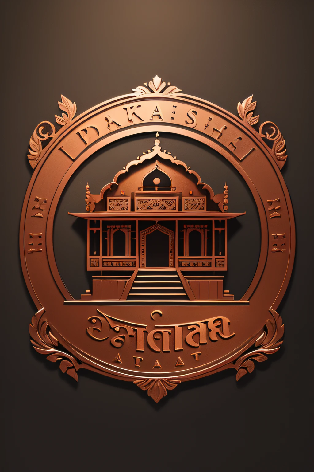 Elegant copper, logo letter "Varanasi Art Work”, outline of house on top the text, black background