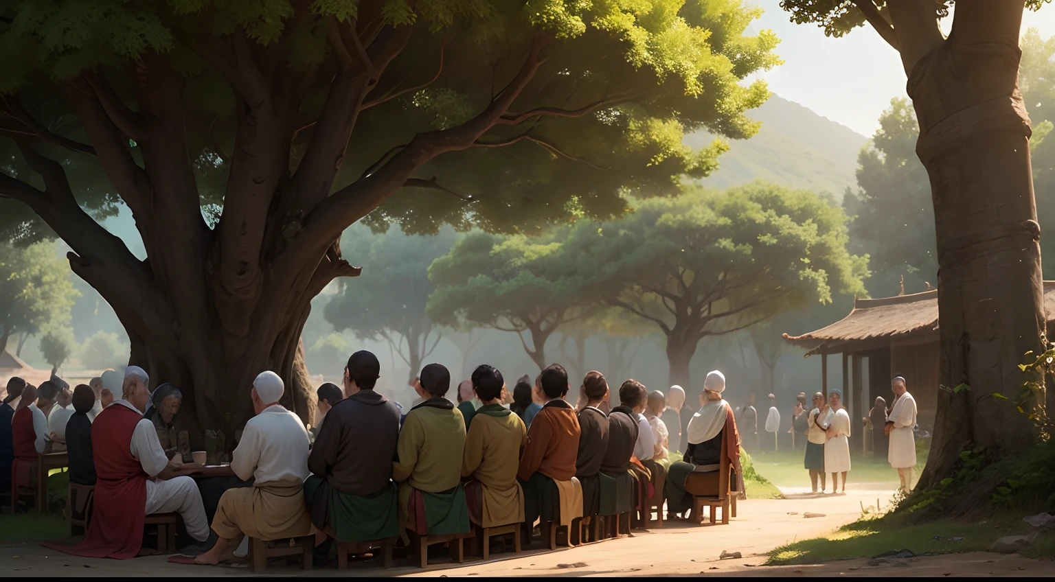 The villagers of Kieran's village, once filled with conflict and tension, now gathered in harmony and camaraderie under the shade of the village's ancient tree, as Kieran shares the teachings of Master Lao.