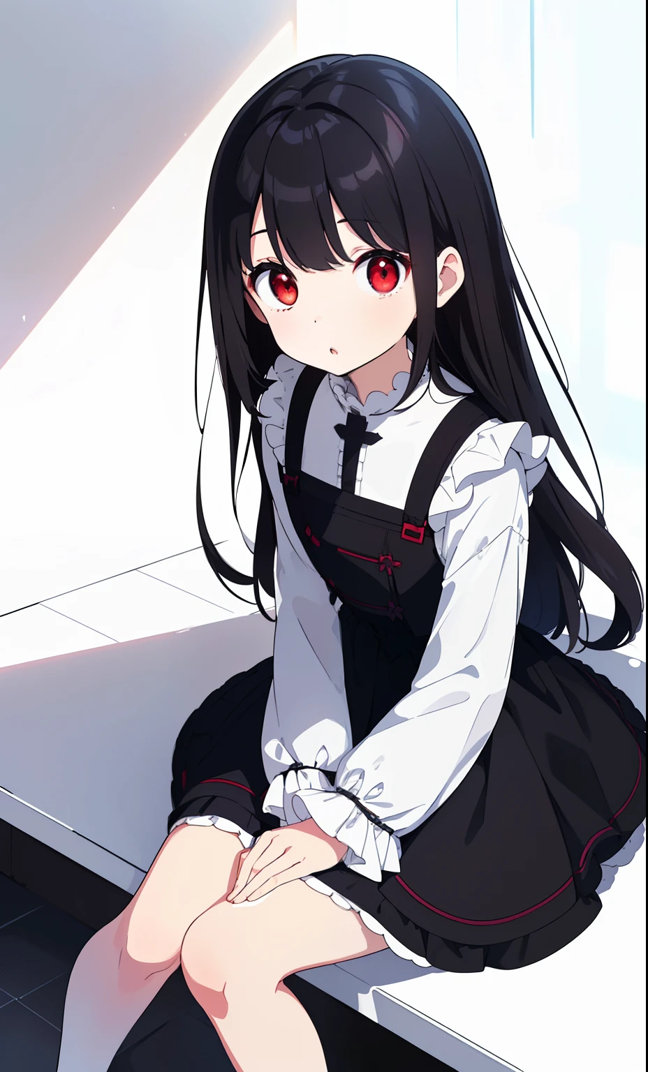 (Detailed and beautiful outlines,White Light,Soft light,Natural light,Caucasian skin:1.3),(upturned eyes,:o,twin-tailed,Black hair,Red Eyes,Above knee height,mourning clothes,hand between legs,Sitting,Looking up,day,blue-sky,Pale red eyes:1.1),Black Rose,looking up at viewer,