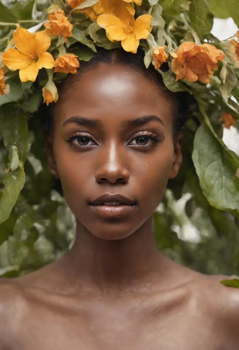 A body of a dead African woman, dark skin, partly fermented body, half hidden in the sand, wild flowers, full of detail and texture. It's awful and beautiful at the same time. 