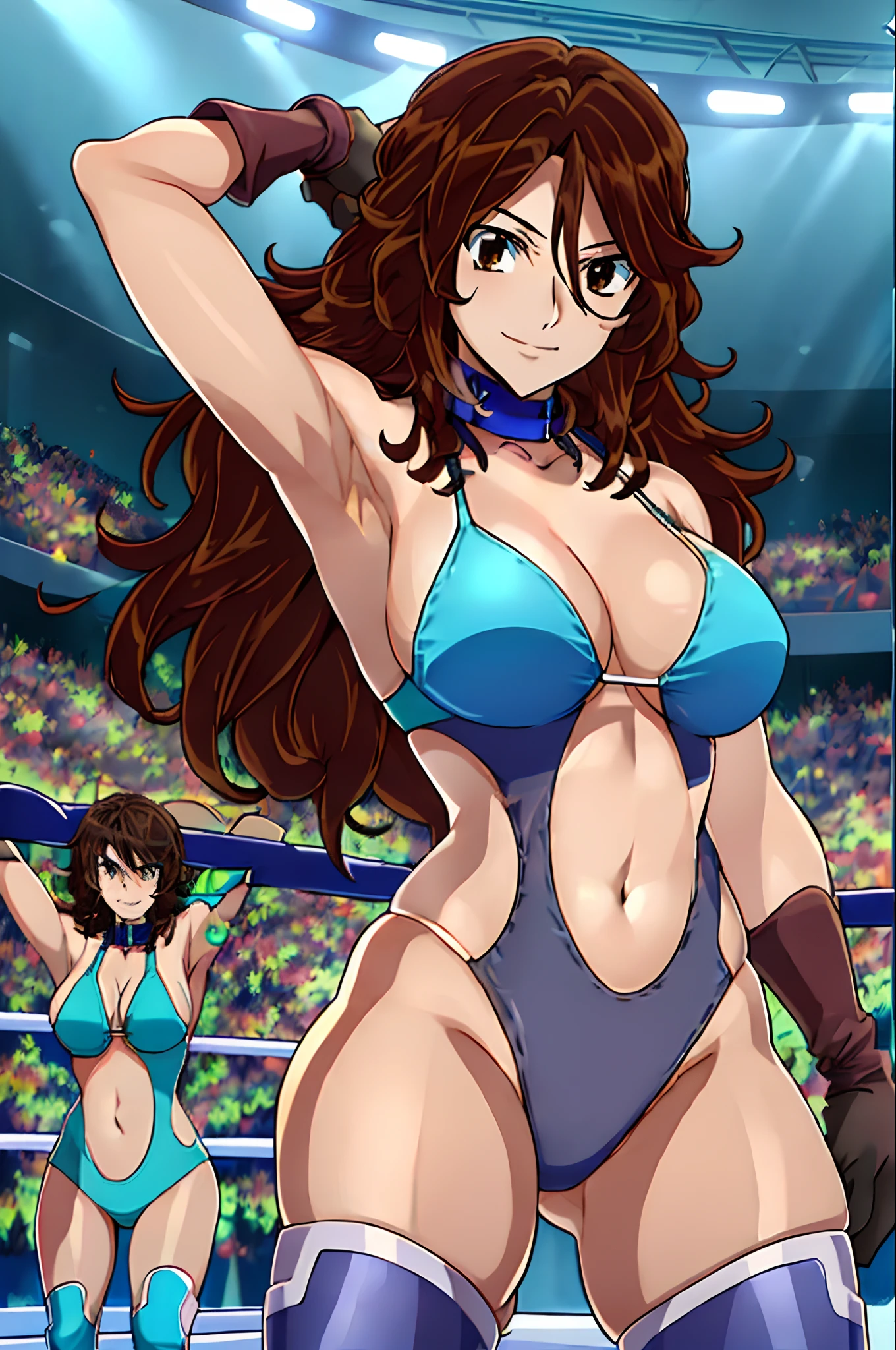 cowboy shot, upper body view, anime style: 1.8, anime drawing, ultra detailed face, ultra detailed body, 4k, Sumergai Lee Noriega, (standing), best quality, anime style, hires, highest definition, digital blending, bold drawing lines, ((slender body, female wrestler), (location: wrestling arena, crowds watching), (slender body, broad shoulders, armpit), mature woman, ((blue wrestling gear: blue micro bikini, boots, gloves, collar band, black bikini)), victorious, winner, smile, (big breasts), (big eyes, brown eyes), (warming up), (curly hair, wavy hair, long hair, missy hair), 27 years old,