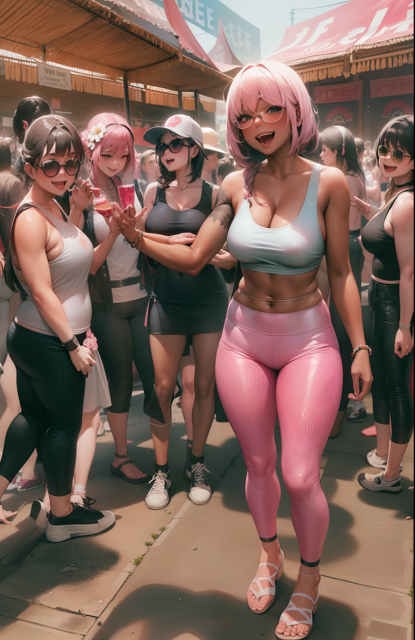 Black tank top、Pink Leather Pants、adult lady、(huge bust)、Festival Venue、A lot of women are gathered here、full bodyesbian、Looks happy、celebration、Banzai,smile kindly,{{{best quality}}}, {{ultra-detailed}}, {illustration},{{{masterpiece}}},