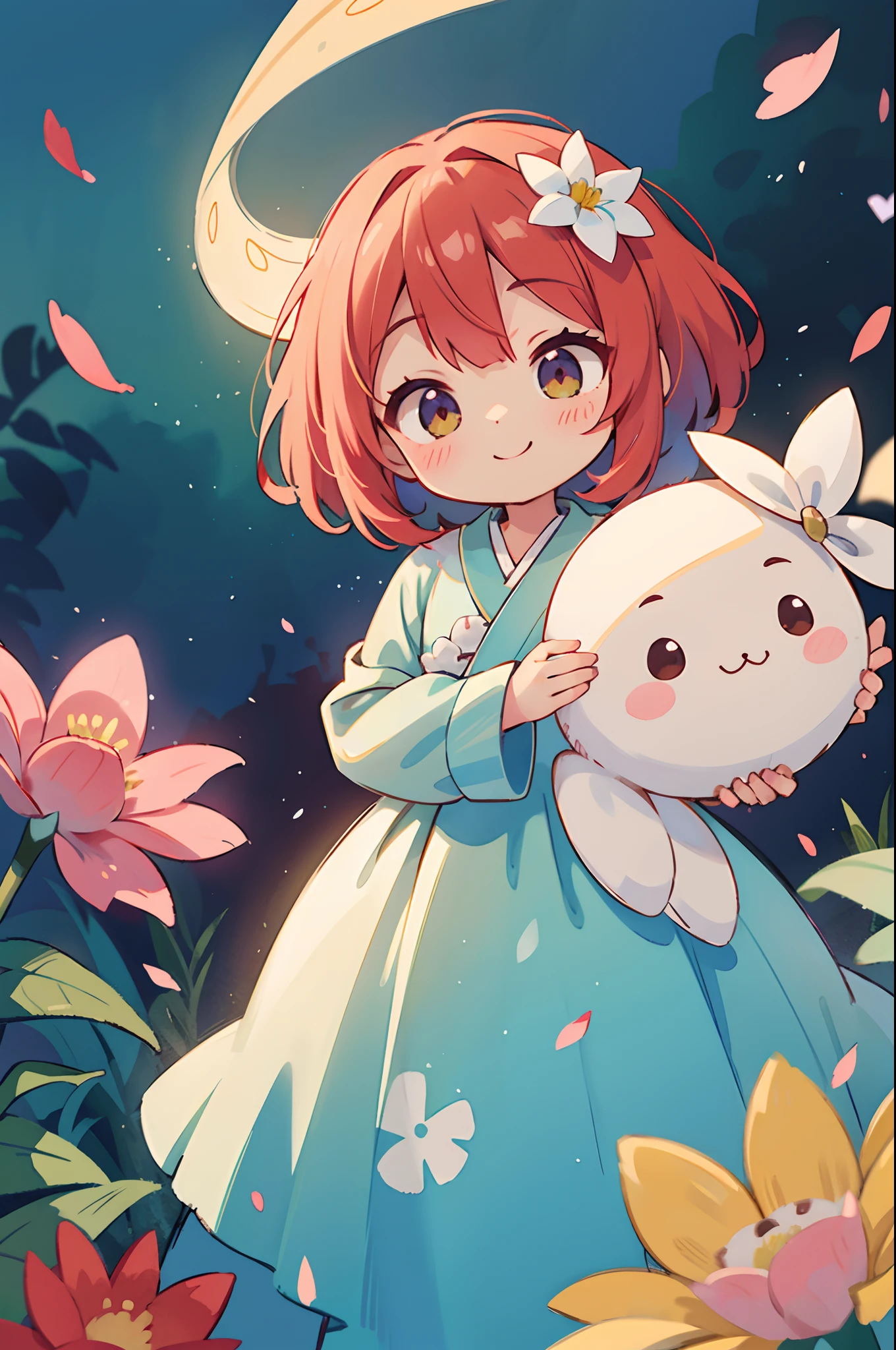 photoRealstic、Nendroids in wedding dress standing in front of the painting、A smile、watercolor Nendoroid、(High Definition Figure)、Flowing iridescent silk、up of face、Eye Up、Colorcon with heart pattern、Floral dress、There are also flowers in front of the nendroids、flower petals、season!!: 夏天☀ 🍂