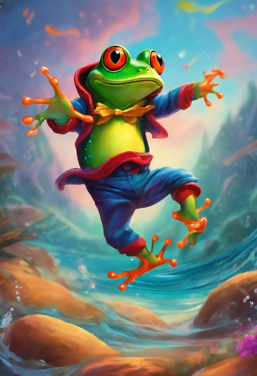 Frog dancing in a colorful sea holding a sleeve, with drawing and cartoon strokes