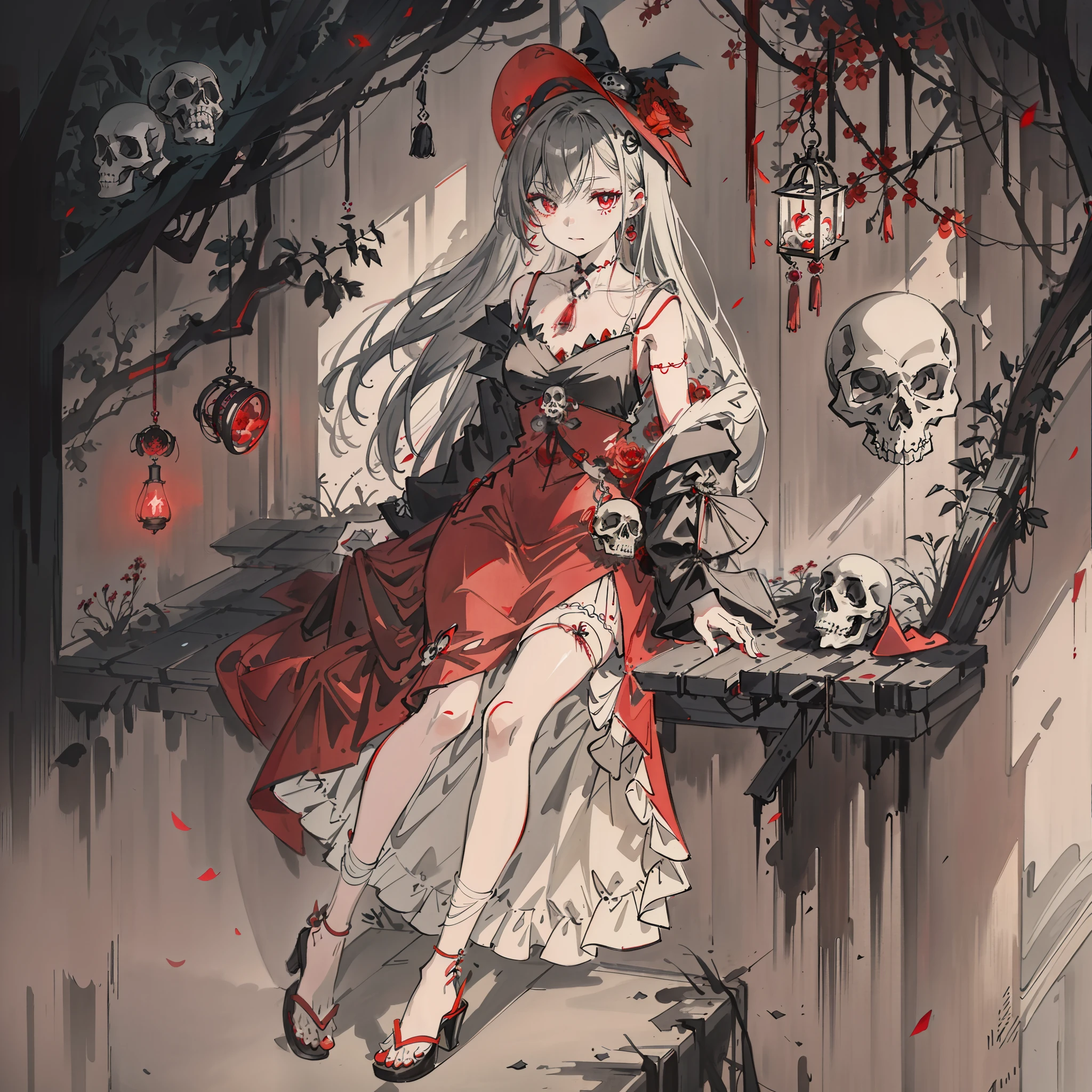 Anime girl sitting on windowsill with skull in red dress, grayscale phtoto with red dress, gothic maiden anime girl, beautiful necromancer girl, trending on artstation pixiv, alchemist girl, in dress, Guweiz in Pixiv ArtStation, mechanized witch girl, Digital art on Pixiv, Anime art wallpaper 8 K