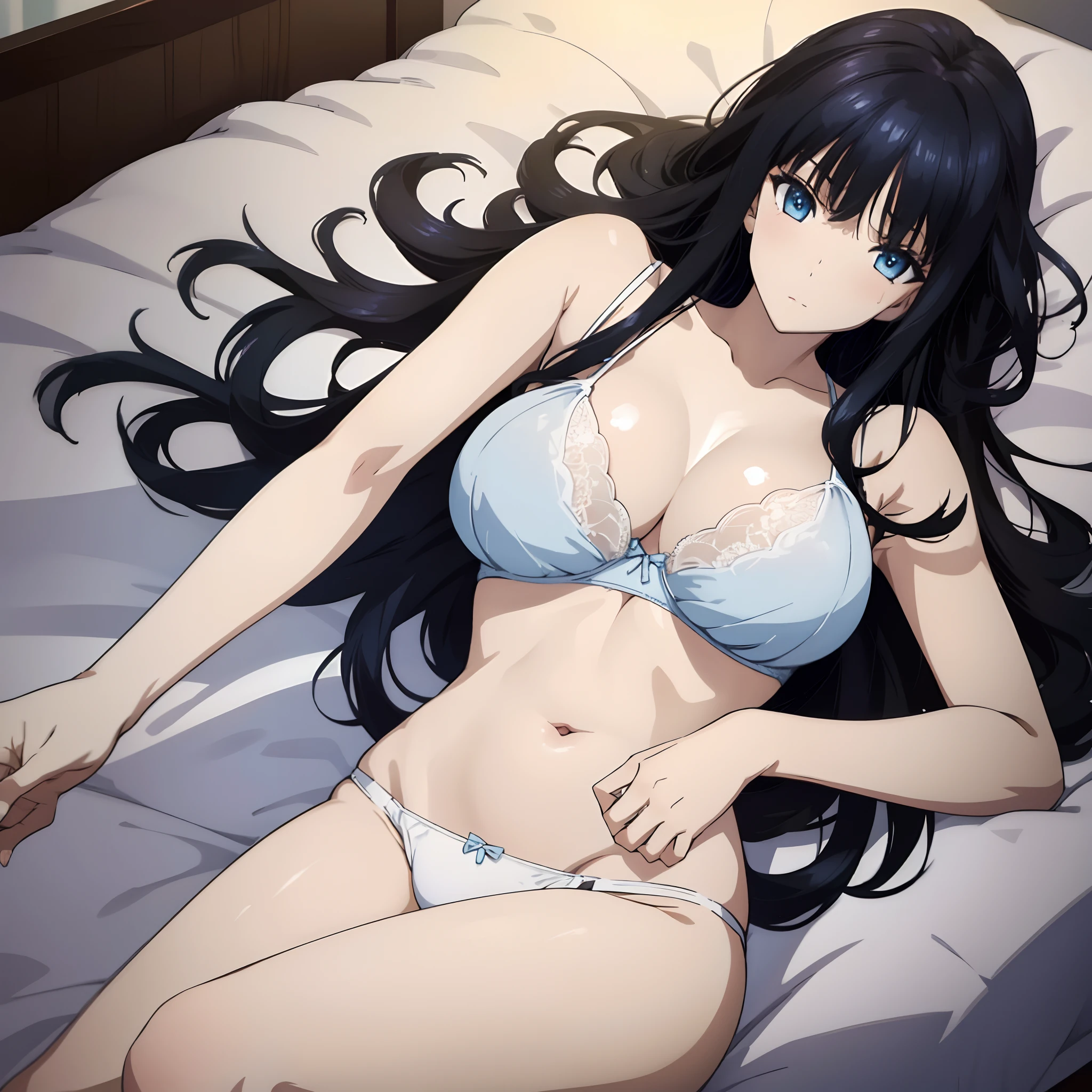 1girl, long hair, black hair, light blue eyes, large breast, white bra, white panties, lying on top bed, inside, bedroom, nipple perked out from under bra,