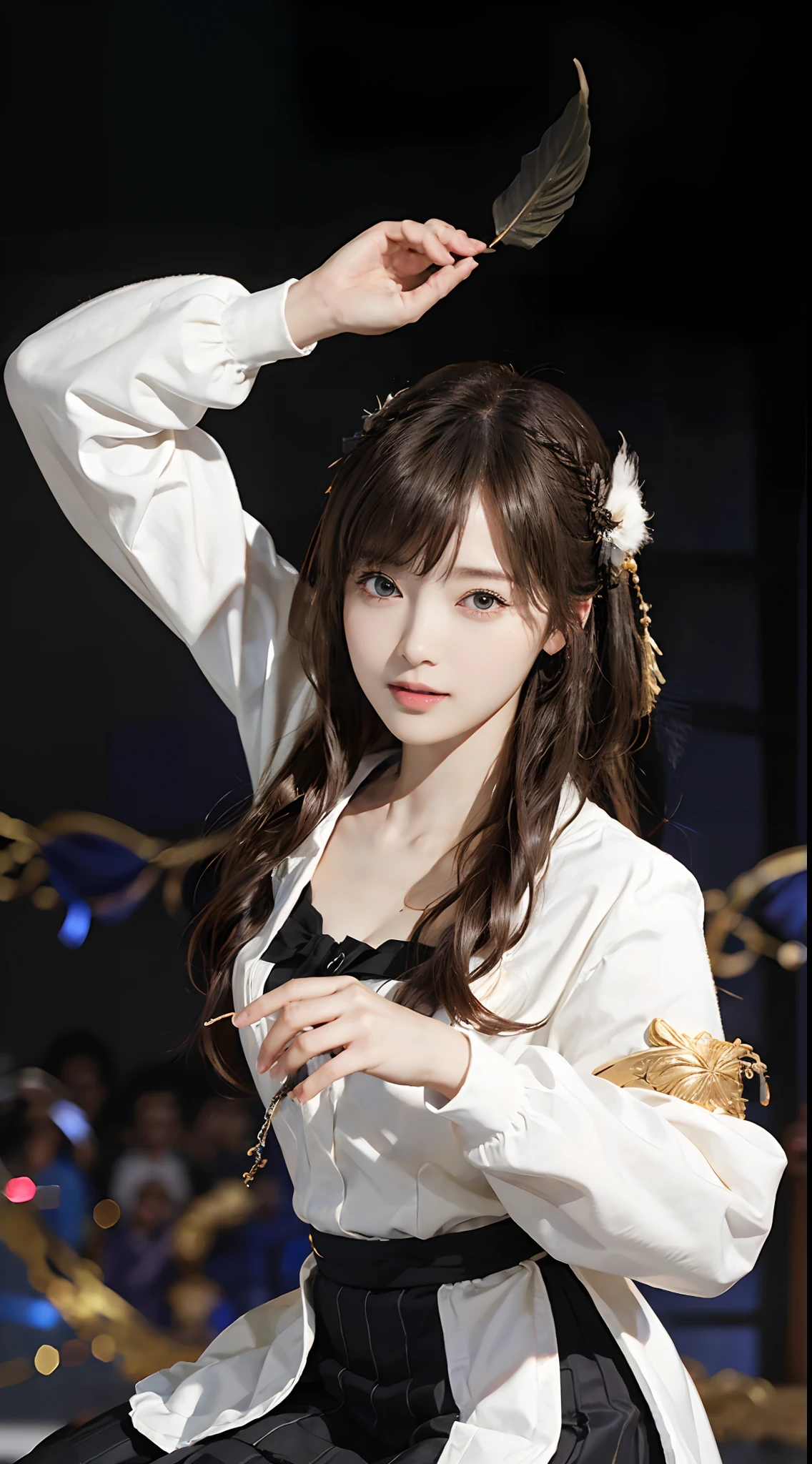 masterpiece、1 Beautiful Girl、A detailed face、A detailed eye、Detailed skin、Detailed hand、top-quality、Illuminated from the front with bright lighting、profetional lighting、Facing straight ahead、The background is a little blurry、The costumes are idol costumes like AKB48(Check short skirt、Jacket feather hair ornament、Cute tie)、Background above live stage(Dancing)、
Some parts of the costume and hair ornament are white、
Hairstyle is long hair、With bangs、
Age is 23 years old、
The right arm is spread wide、
The color of the eyeball is black、
Part of the hair is silver、