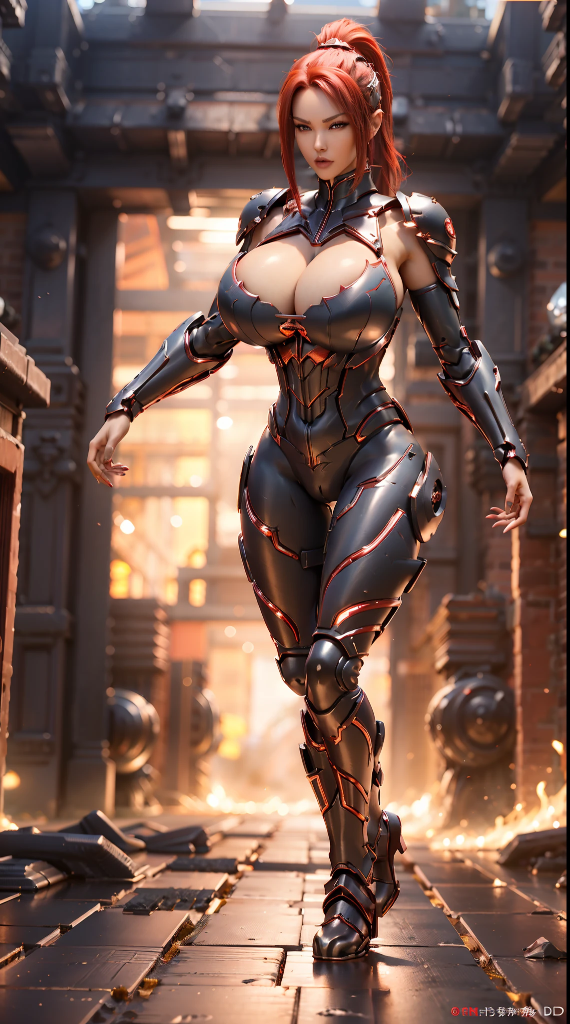 (3D REALISTIC), HUGE FAKE BOOBS, (BEAUTIFUL FACE), (RED, BLACK), (SCARLET PONYTAIL HAIR), MECHA ARMORED GEAR, FUTURISTIC DRAGON MECHA SUIT, (CLEAVAGE), (SKINTIGHT YOGA PANTS), (SEXY LEGS), FRONT, (STANDING), SLENDER SEXY BODY, MUSCLE ABS, UHD, 8K, 1080P.