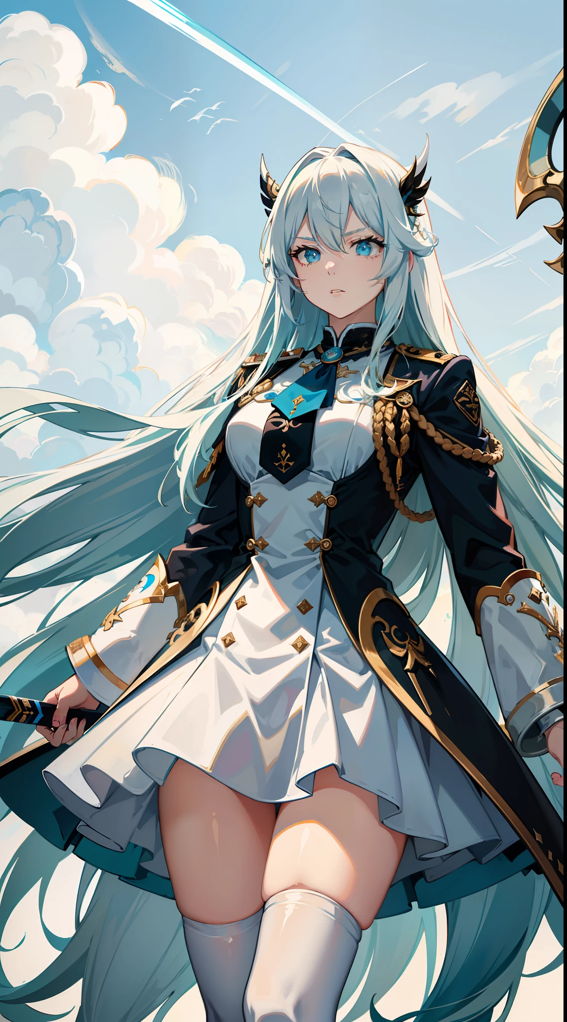 Adult woman, Long white hair, Cyan eyes, White general uniform, spear, blue lipstick, Anger, Masterpiece, hiquality