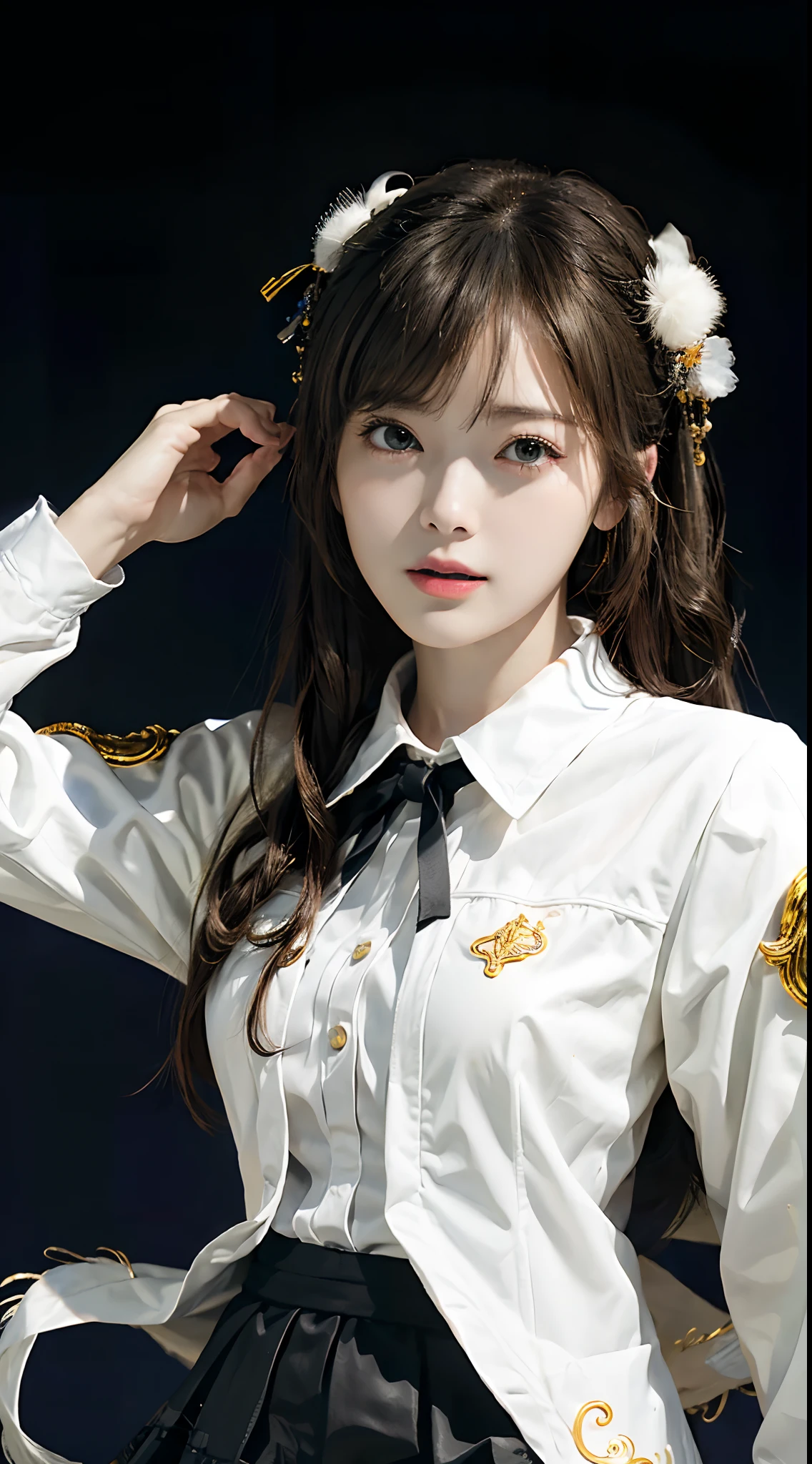 masterpiece、1 Beautiful Girl、A detailed face、A detailed eye、Detailed skin、Detailed hand、top-quality、Illuminated from the front with bright lighting、profetional lighting、Facing straight ahead、The background is a little blurry、The costumes are idol costumes like AKB48(Check short skirt、Jacket feather hair ornament、Cute tie)、Background above live stage(Dancing)、
Some parts of the costume and hair ornament are white、
Hairstyle is long hair、With bangs、
Age is 23 years old、
The right arm is spread wide、
The color of the eyeball is black、
Part of the hair is silver、