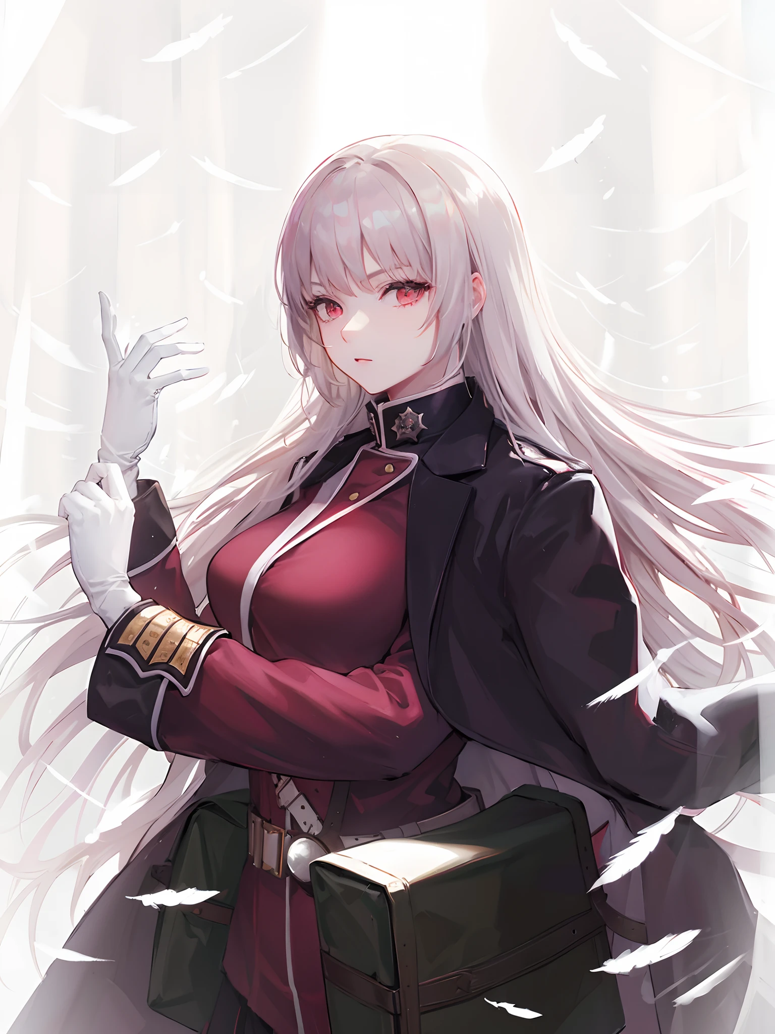 bbfng, long hair, large breasts, black coat, coat on shoulders, military uniform, red jacket, long sleeves, white gloves, belt, pleated skirt, black skirt, white pantyhose