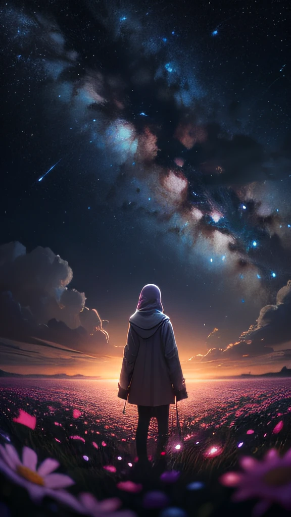View from below with a view of the sky and street below, muslim girl standing in a field of higland flowers looking up, beautiful field of flower, Sparkling lighting, Atmospheric Illumination, detailed, million of stars, A shooting star visible from the position of the head flowed into the night sky.、The area is pitch dark、In the darkness、masutepiece、realisitic, detailed background, milky way
