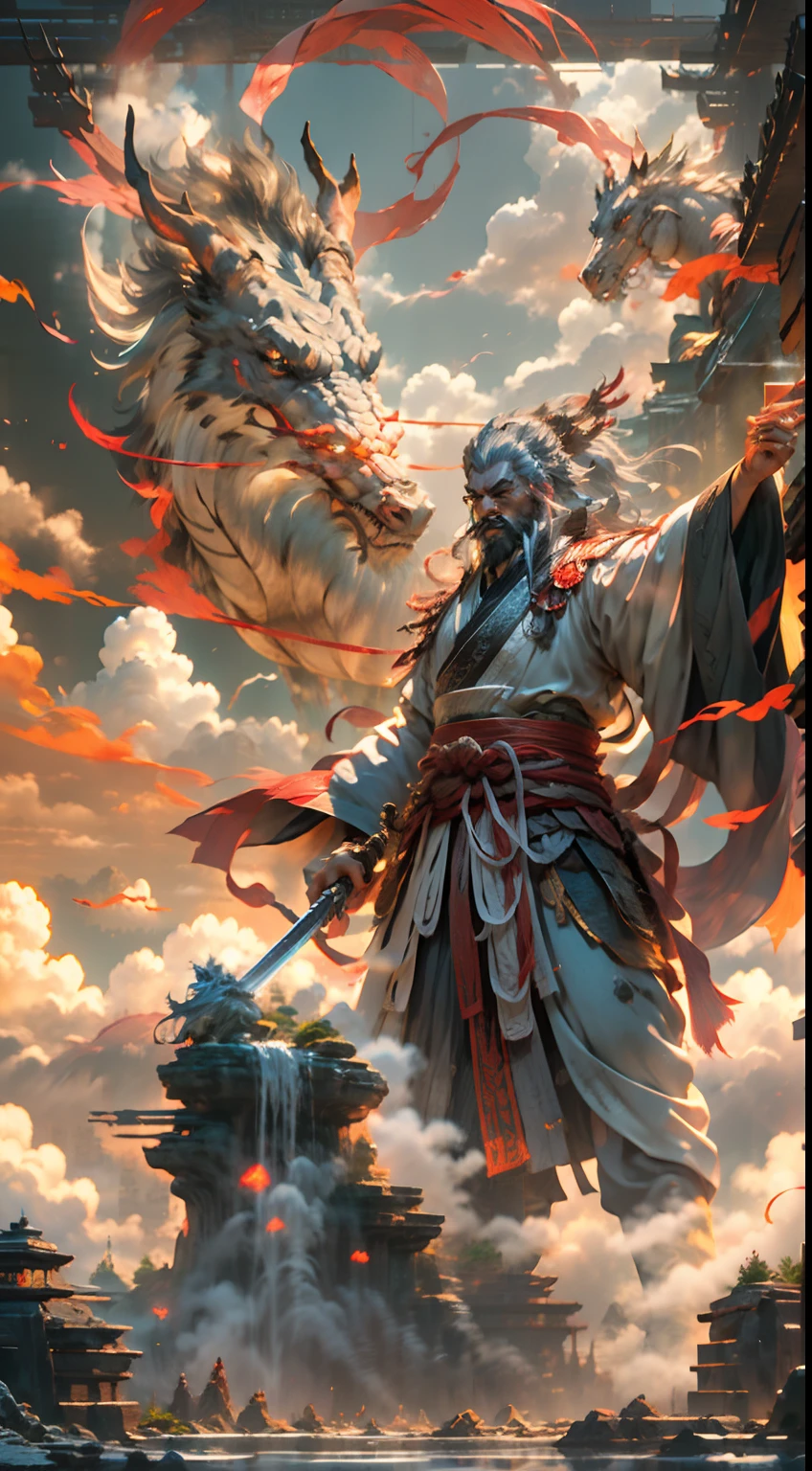 Chinese Taoist immortals,Tongtian Sect Lord,(An old Taoist male immortal is facing the camera:1.3),Sky clouds surround the surroundings,Light magic,Fantastic background,Meaning background,Ridiculous background,There are artistic overlays,Cinematic lighting, Ray tracing, god light, speed-line, angle of view, hyper HD, Masterpiece, Best quality, Super detail, A high resolution, High quality,70 years old,Long beard,Full body like,Feng Shen List,Holding a Chinese long sword