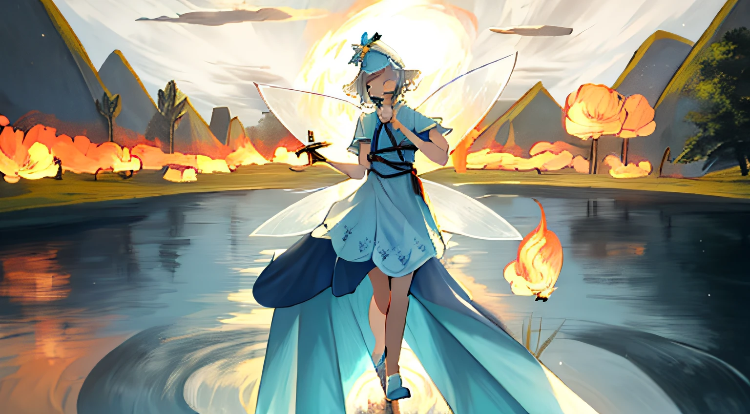 A woman in a dress holds a flame in her hand, Floating flames,short detailed hair,closing her eyes,laughing joyfully,Hats,The tree,Fairy wings,mont,lake,ripples,raft,the elf,ancient wind,coda,There are flowers on the tail,Landing on one foot
