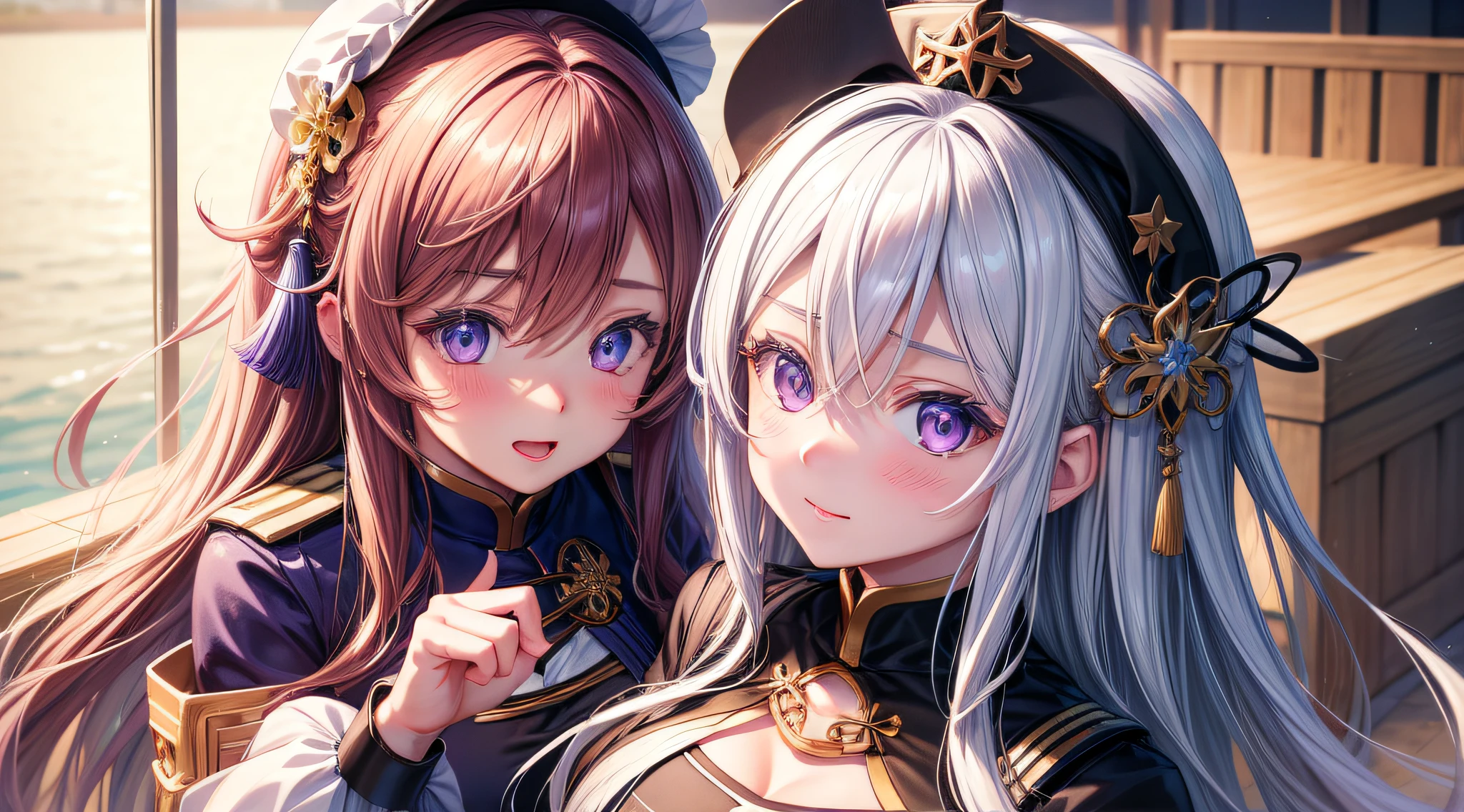Ultra-detailed, hight resolution, Extremely detailed,Beautiful detailed girl、 [[azur lane style:1.10]]、Style image of two women, Cute, two beautiful anime girls, Purple eyes, Glowing eyes, Cute, kawaii, Digital Art, finely detailed eyes, Embarrassed expression,  Blushing, (Very detailed 8k wallpaper),High resolution, Unity 8k壁纸, (Illustration:0.8), (Beautiful detailed eyes:1.16), extra detailed face、Dress correctly, Beautiful Finger、 charming figure,super precision、[[3D images]]、[[High quality anime girl with brown hair and brown eyes]]