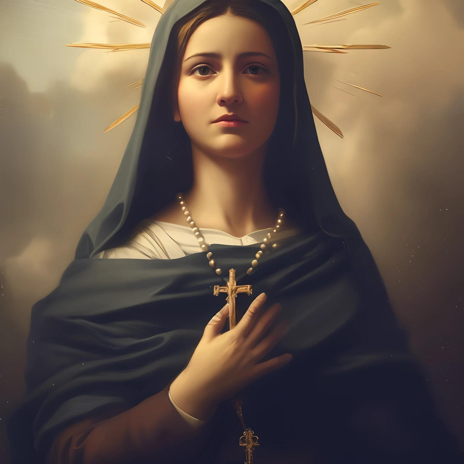 Image of a woman with a rosary and a cross, majestosa mulher de santo, queen of heaven, Virgem Maria, Retrato da Virgem Maria, santa mulher, Santa Genoveva, mary in a sanctuary, catholic icon, Directed by: Juan O'Gorman, Holy, Catholic, imaculado, Retrato gracioso santo, artista desconhecido, Directed by: Johann Friedrich Overbeck, imagem de perfil, catholic religious art, cinematic,