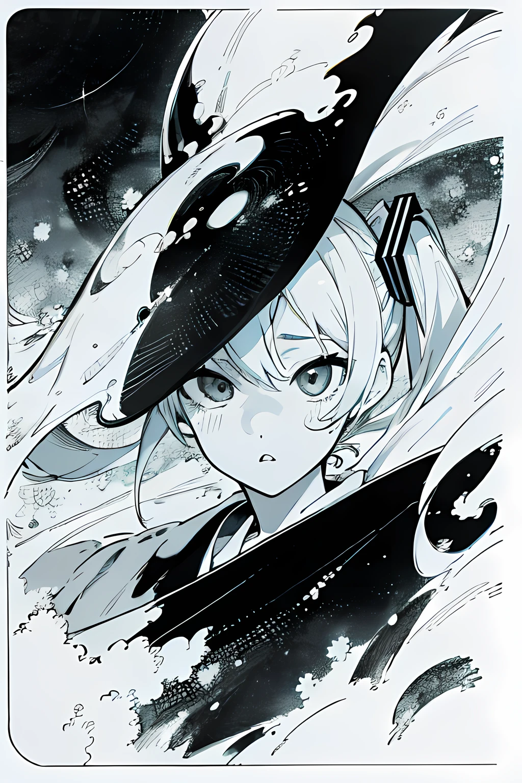 girl, hatsune miku, japanese manga, manga page, high res, ultrasharp, 8k, masterpiece:1.2, black and white color, manga panel, dialogue, story, detailed eyes, detailed lips, detailed face expression, dynamic pose, intricate background, manga style, monochrome