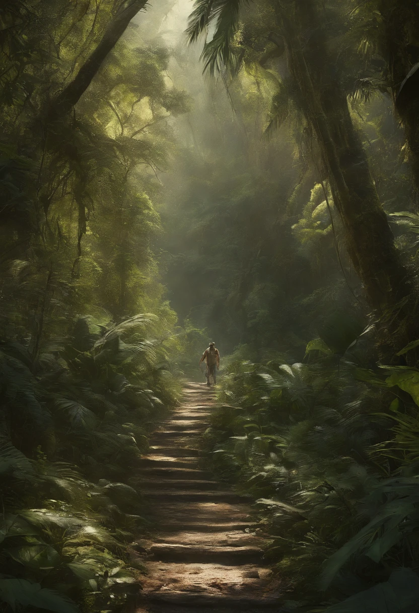 Perfect centering, Abstract beauty,a team of treasure hunters walking through the jungle, following a hidden trail. The camera should be positioned behind the team, looking over their shoulders. The scene should be suspenseful, with the jungle noises and the team's footsteps creating a sense of anticipation. Dynamic, Highly detailed, smooth, Sharp focus, 8K, high definition resolution, illustration, Art by Carne Griffiths and Wadim Kashin,