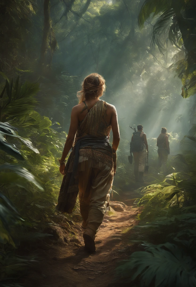 Perfect centering, Abstract beauty,a team of treasure hunters walking through the jungle, following a hidden trail. The camera should be positioned behind the team, looking over their shoulders. The scene should be suspenseful, with the jungle noises and the team's footsteps creating a sense of anticipation. Dynamic, Highly detailed, smooth, Sharp focus, 8K, high definition resolution, illustration, Art by Carne Griffiths and Wadim Kashin,