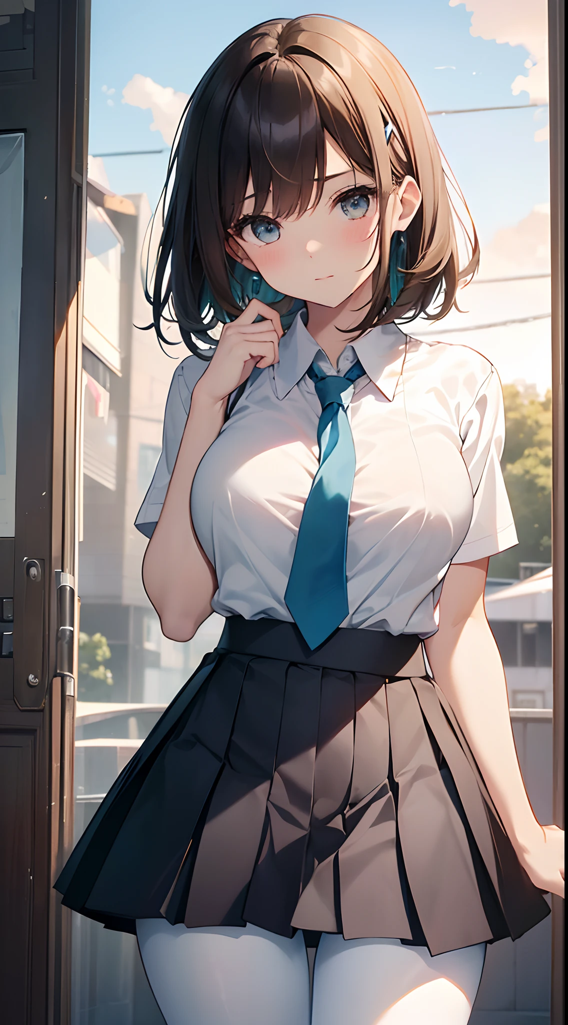in 8K, top-quality, Real Image, intricate detailes, The ultra-detailliert, 超A high resolution, Depth Field,(Photorealsitic,realisitic:1.2),masterpiece, 0.25 :: a closeup , straight-on shot , from miiddle , 1girl in, AI_chan, an extremely beautiful 17-year-old girl, Innocent big eyes, (brown_Short_hair), (Green_Eyes:1.0),(bangss),dishevled hair,(hair clips), perfect glossy skin, flawless skin, fair white skin, huge-breasted, cleavage of the breast, narrow waists, thin blush, 独奏, looking at the viewers, lightsmile, The Perfect Five Fingers, chubby under the clothes、perspiring、 Wear((School_uniform)、(white_Skirt)、(Blue_long_tie)、(Blue_pleats_Skirt)、(Black_pantyhose:1.2)、 (Gravure Pose:1.1)、 Sunset High School in Japan ,Flipping up the skirt with your hands、Show white panties、Pull up your skirt and show your panties、Colossal tits、Functional、Show white panties、Flip the skirt、Skirt flipping、Roll up the scar by hand、Show underwear、Show off your pants with your own hands、Panchira、bare-legged、Opening legs、Open legs、bare-legged、Large open legs、Panties digging into the crotch、Lean back and lightly lift one leg