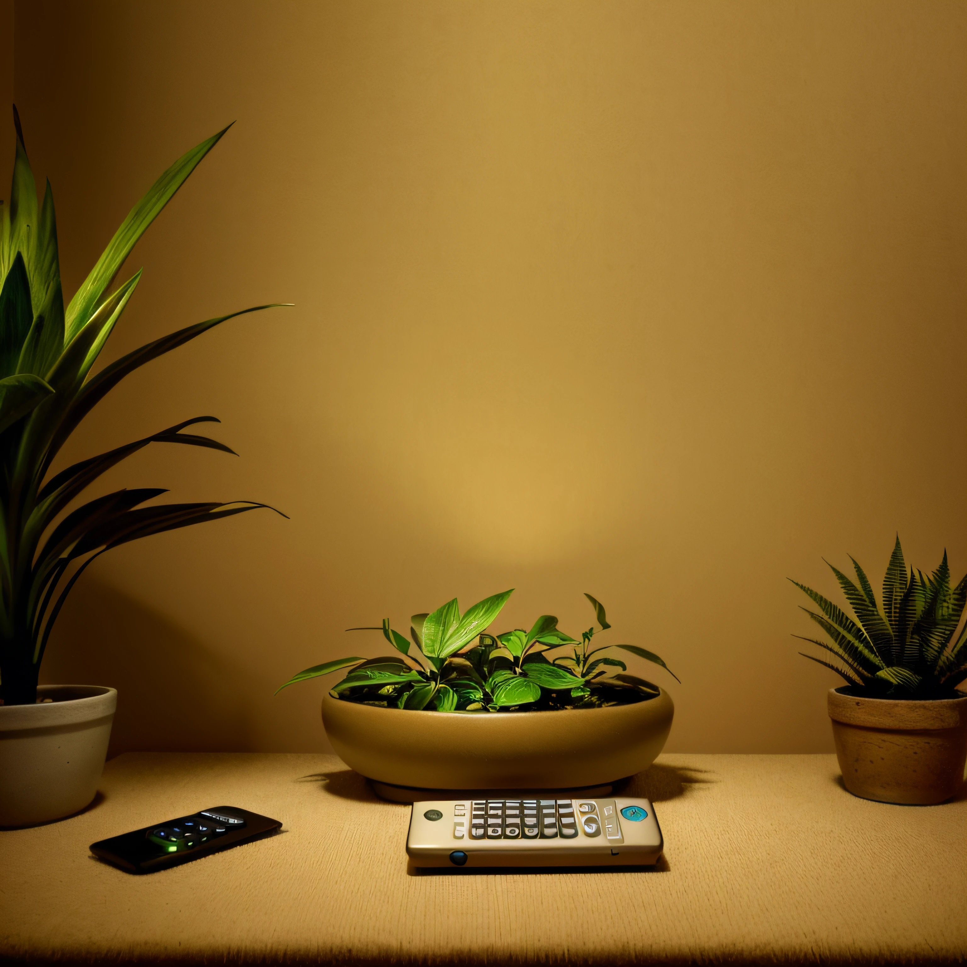 There is a plant in the pot next to the remote control, Relaxed. gold background, dark and beige atmosphere, minimalistic composition, Warm ambient light, beige and dark atmosphere, personal room background, lounge background, still life photo of a backdrop, minimalistic background, Relaxing environment, mysterious ambient lighting, middle close up composition, relaxing atmosphere, highly detailed soft lighting