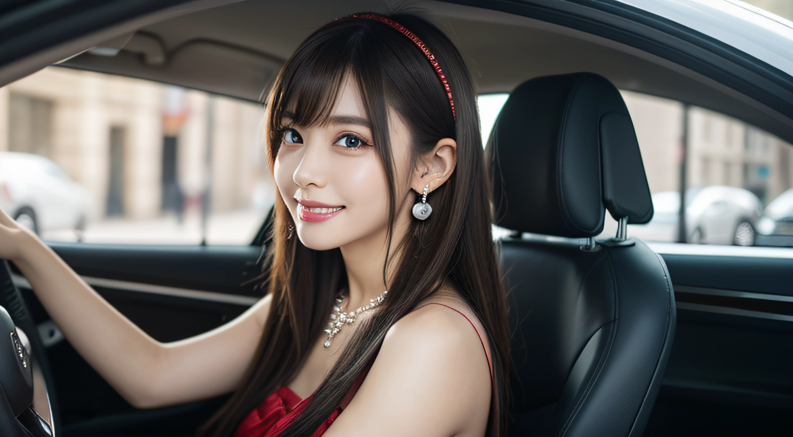 最high quality, Tabletop, High resolution, One Girl, Beautiful Face, Slender、hair accessory, smile, Close your mouth, Beautiful Lips, dress, hair accessory, necklace, jewelry, Long Hair, Earrings, Beautiful Face, On the body, Tyndall effect, realism, Driving a bright red convertible around town、Behind the wheel, Edge lighting, Two-tone lighting, (Skin with attention to detail: 1.2), 8k UHD, Digital SLR, Soft Light, high quality, Volumetric lighting, photograph, High resolution4K, 8k, Blurred Background