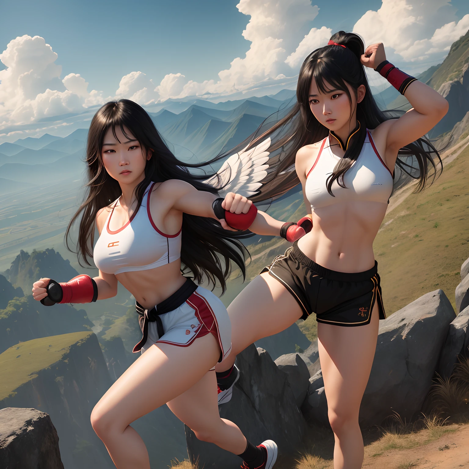 parameters
masterpiece, best quality, top quality, ultra highres, 8k
hdr, 8k wallpaper, RAW, huge file size, intricate details,
sharp focus, natural lighting, realistic, professional,
delicate, amazing, CG, finely detailed, beautiful
detailed, colourful, detailed skin, Sharp focus, show
foot, day, in summer,
(the top of the hill:1.2),outdoor,
(nsfw:1.2),
Igirl,long hair, black hair, hair wings, antenna hair,
confident pose, (full body:1.2)
distant mountainsin background, white clouds in
background,cliff edge
long hair, black hair, hair wings, antenna hair,
confident pose, sportswear, short shorts, shorts, black
sports bra,
kongfu,martial arts, tai chi, boxing,(chinese traditional
cloth:1.2),muay thai,bandaged hand,provocative
pose, fighting,ready to punch,clenched fist,Fitness
Equipment,
mix4,hanfu,
eye contect