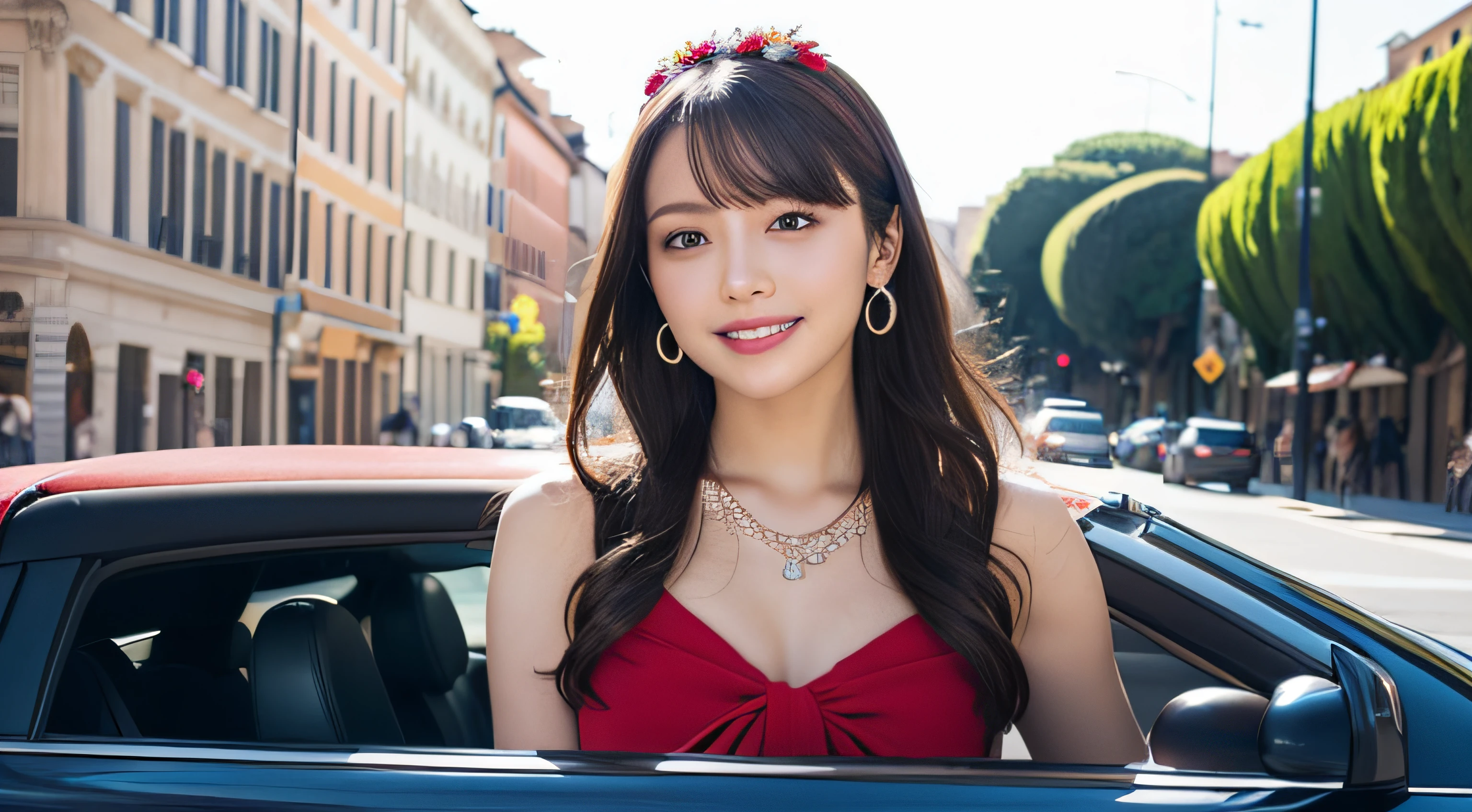 Best Quality, masutepiece, High resolution, 1girl in, Beautiful face, slenderbody、Hair Accessories, Smiling, closes mouth, Beautiful lips, Dress, Hair Accessories, Necklaces, Jewelry, Long hair, earrings, Beautiful face, On the body, Tindall Effect, Realism, Drive a bright red convertible through the streets of Rome、Behind the wheel, Edge lighting, Two-tone lighting, (High Detail Skin: 1.2), 8K UHD, Digital SLR, Soft light, High quality, Volumetric lighting, Photo, high-definition4K, 8K, Clear backgrounds
