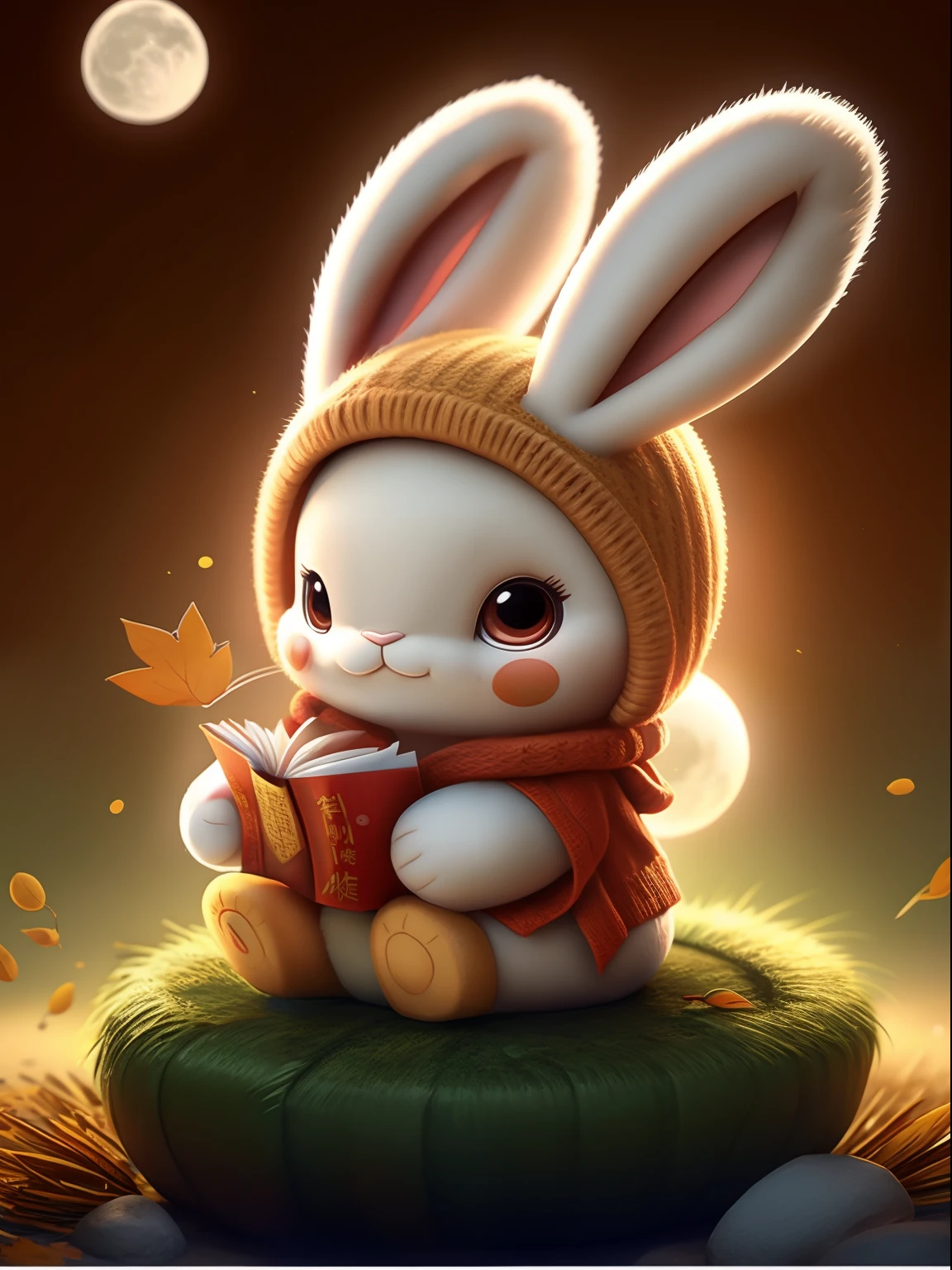 The rabbit sits on the clear moon,Holding mooncakes in both hands,a plush,adolable,Mid-Autumn Festival,Chinese elements