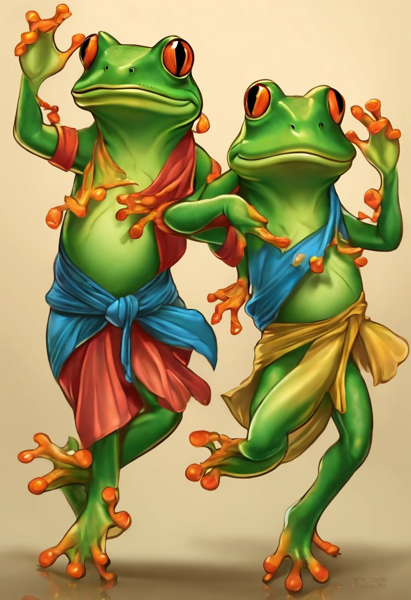 Dancing frogs holding several sleeves. Desenho colorido, cartoon