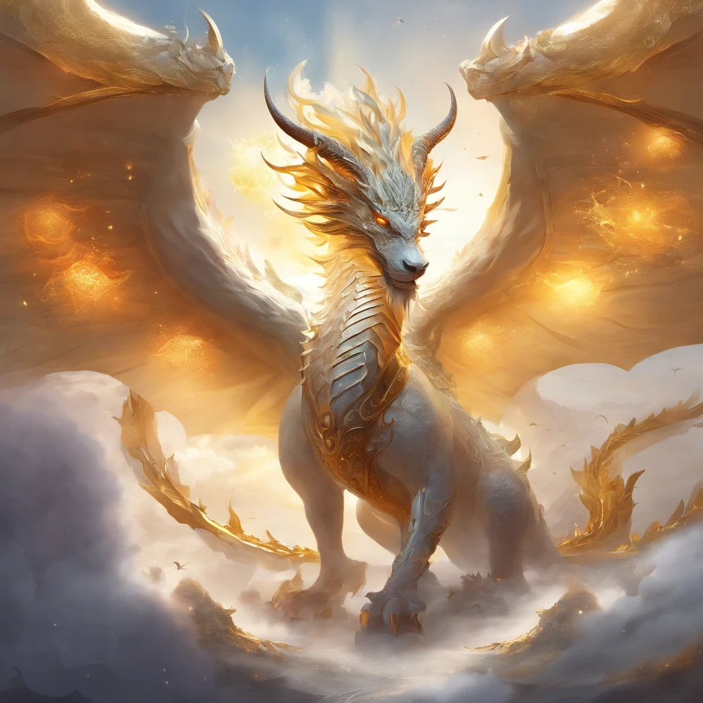 A logo、masterpiece、(white backgrounid:1)、Golden Chinese dragon surrounded by white clouds、Deities々Halo、the wind、Deities、long wavy body、tusk、The upper part of the body、Fantasia、myth、hightquality、ighly detailed、masterpiece、epic poem、Particle effect、Dynamic effects