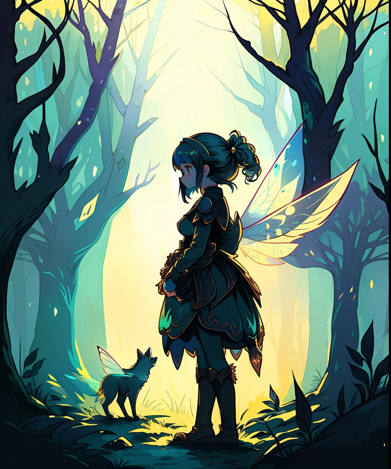 Illustration for a fairy tale about a girl, standing in the woods, who knows how to talk to animals
