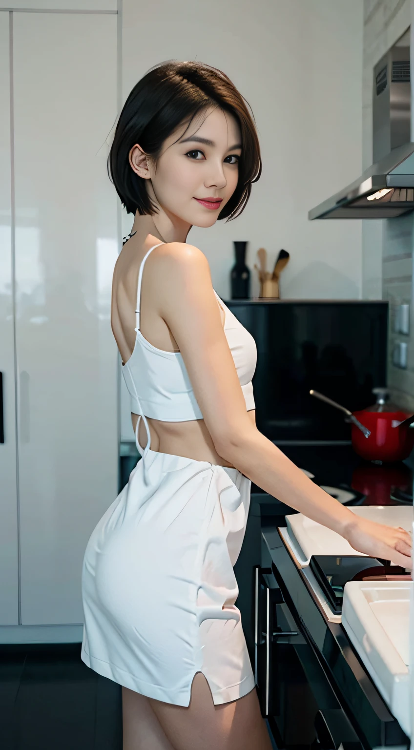 (Clothing:2.0, camisole:1.8, boxer shorts:1.8), (Wet:1.2), ((A grin:1.2, Short Hair:1.2, slender:1.5, Small Ass:1.5)), (Kitchen room:1.5), ((Japanese, 1 Girl, 18-year-old, 7 heads, Ideal body proportions, Black Hair, With bangs, Small breasts, Erect nipples, slender, Small Ass, Beautiful feet, Skinny Legs)), Surrealism, Cinematic Lighting, Depth of written boundary, First Person View, F/1.8, 135mm, Ticker, Mastepiece, Curate, ((Anatomically correct:1.3)), Textured skin, Super Detail, High detail, High quality, Awards, Best Quality, High resolution, 8K