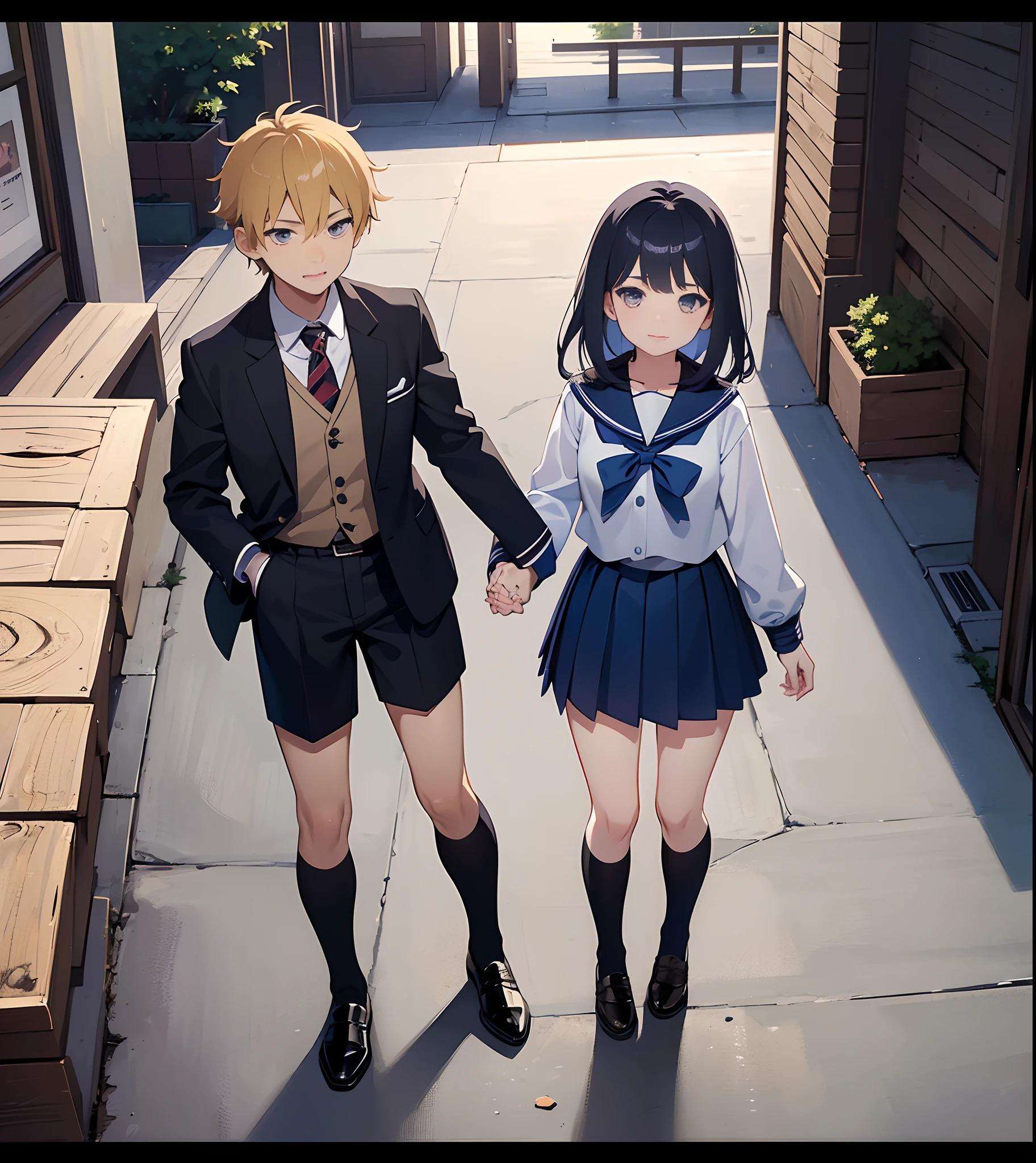 (there is a woman and a boy Stand standing side by side :2,0), a picture by Shingei, pixiv, shin hanga, hi - res scan, hi-res scan, at pixiv, in anime style,One hand hugs the girl's waist, sweet couple, official art, made with anime painter studio, in an anime style, 8k!!,(Korean junior high school uniform a girl with mini skirt),(anime style),(Same uniform),(a young girl with a young boy),(sweet face),(13 year old couple),(cute face),(smiley face),(full body shot),(loli and shota),(child couple in school uniform),(junior high school student)