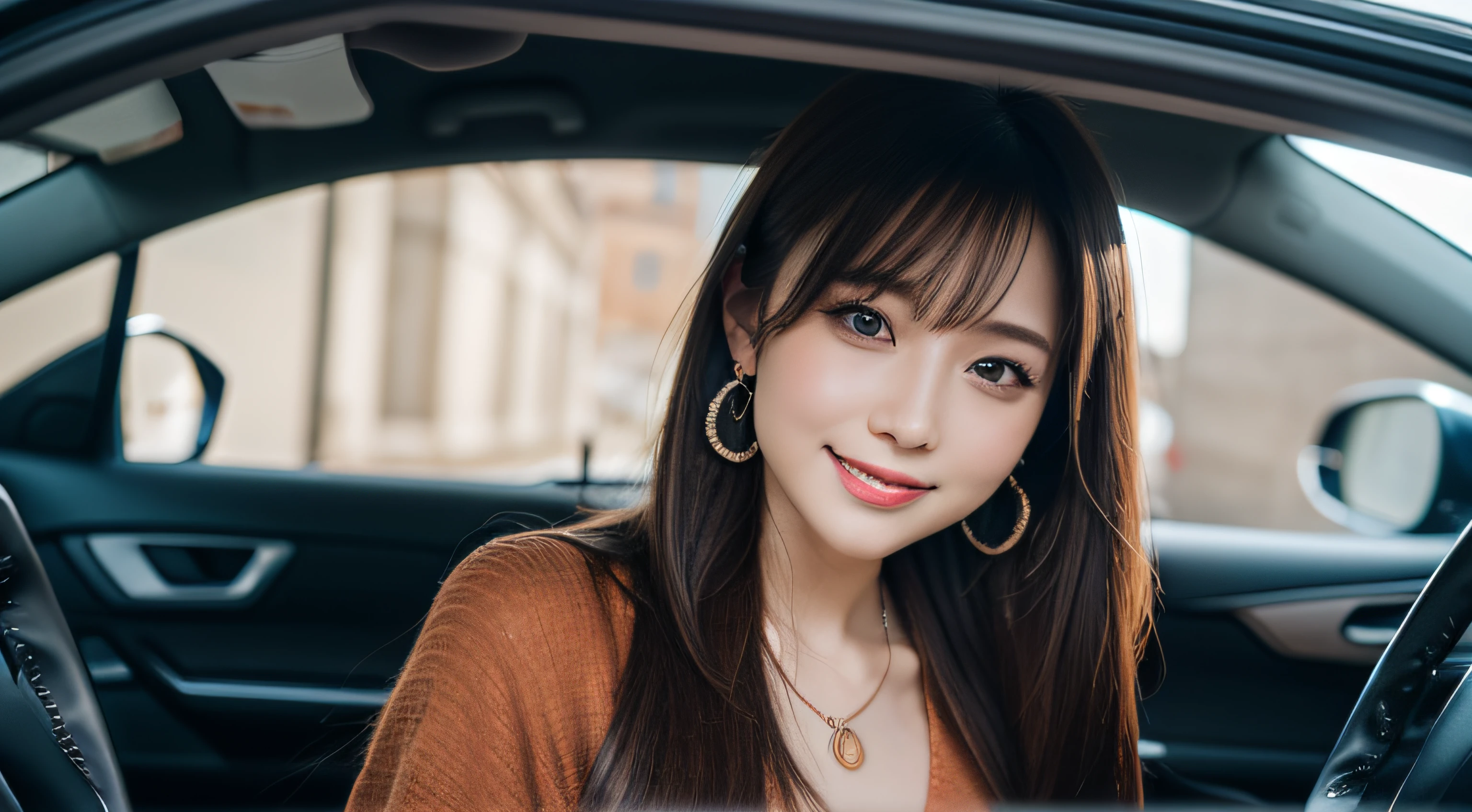 Best Quality, masutepiece, High resolution, 1girl in, Beautiful face, slenderbody、Hair Accessories, Smiling, closes mouth, Beautiful lips, Dress, Hair Accessories, Necklaces, Jewelry, Long hair, earrings, Beautiful face, On the body, Tindall Effect, Realism, Drive a bright red convertible through the streets of Rome、Behind the wheel, Edge lighting, Two-tone lighting, (High Detail Skin: 1.2), 8K UHD, Digital SLR, Soft light, High quality, Volumetric lighting, Photo, high-definition4K, 8K, Clear backgrounds