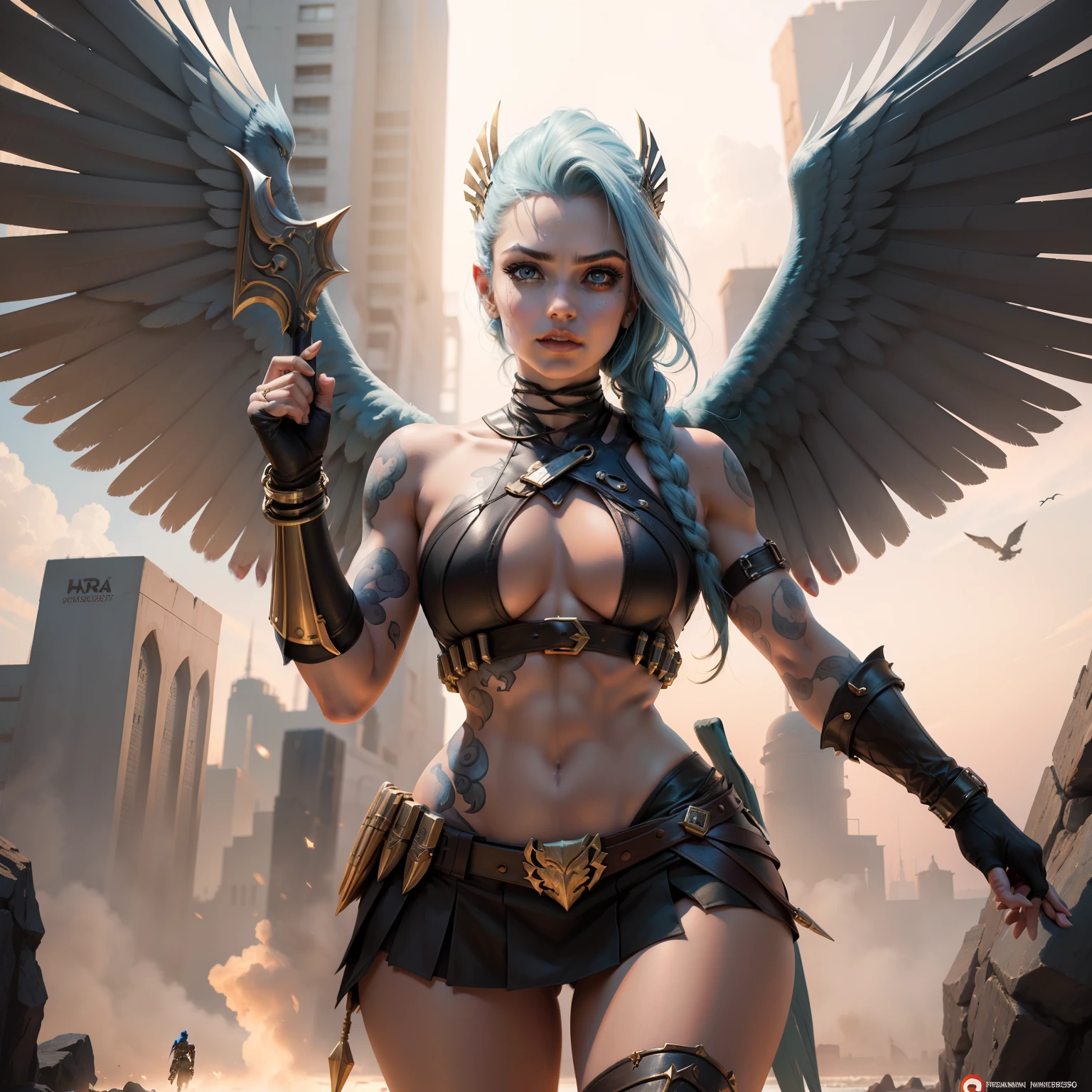 DC Comics' "Hawkeye" is Shiera Hall, a Hawkgirl in DC Comics. She is often depicted with the following physical characteristics:: Hair: Shiera Hall tem longos cabelos loiros, geralmente usado solto ou ligeiramente ondulado. olho: Their eyes are represented as blue or green, depending on the artistic interpretation. fantasia: The classic Shiera Hall costume consists of a warrior's outfit that includes gold or tan armor that covers his chest and shoulders. She wears a skirt or tunic also in shades of bronze, as well as boots and bracelets. asas: Como Hawkgirl, Shiera tem asas artificiais nas costas que lhe permitem voar. These wings are often depicted with a metallic appearance. garments: Kendra Saunders' costume is generally more modern and combat-oriented than Shiera Hall's. Ela usa uma fantasia de corpo inteiro, muitas vezes em preto e prata, com detalhes das asas incorporados nas costas e botas altas. arma usada: The halberd of the falcon is a long-handled spear, usually made of some metallic or futuristic material, depending on the artistic interpretation and the series. It is notable for having sharp blades at its ends, that resemble falcon wings, which is a reference to his name and his connection to the bird. Big: 1.3), (seios pendurados: 1.5), (Seios desproporcionais: 1.4), (Realismo:1.5), (Realisitc:1.4), (Absurdo:1.4), 8k, ultra-detalhado, homem bonito detalhado, (somente: 1.4), 1girl, (Visualizador voltado para:1.2), detalhes intrincados do corpo, (Curvy:1.3), (curto:1.3)