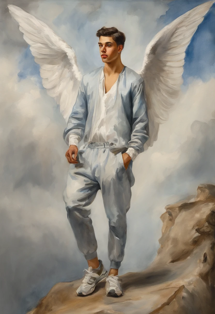 Velazquez oil painting of a handsome 22 years old angel guy with beatiful wings, dressed with fashion clothes by balenciaga supreme nike adidas, clouds baclground