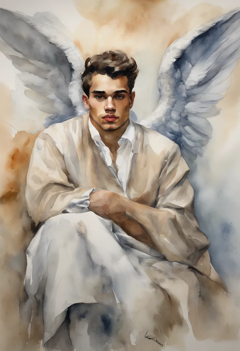 Velazquez oil painting of a handsome 22 years old angel guy with beatiful wings, dressed with fashion clothes by balenciaga supreme nike adidas, clouds baclground