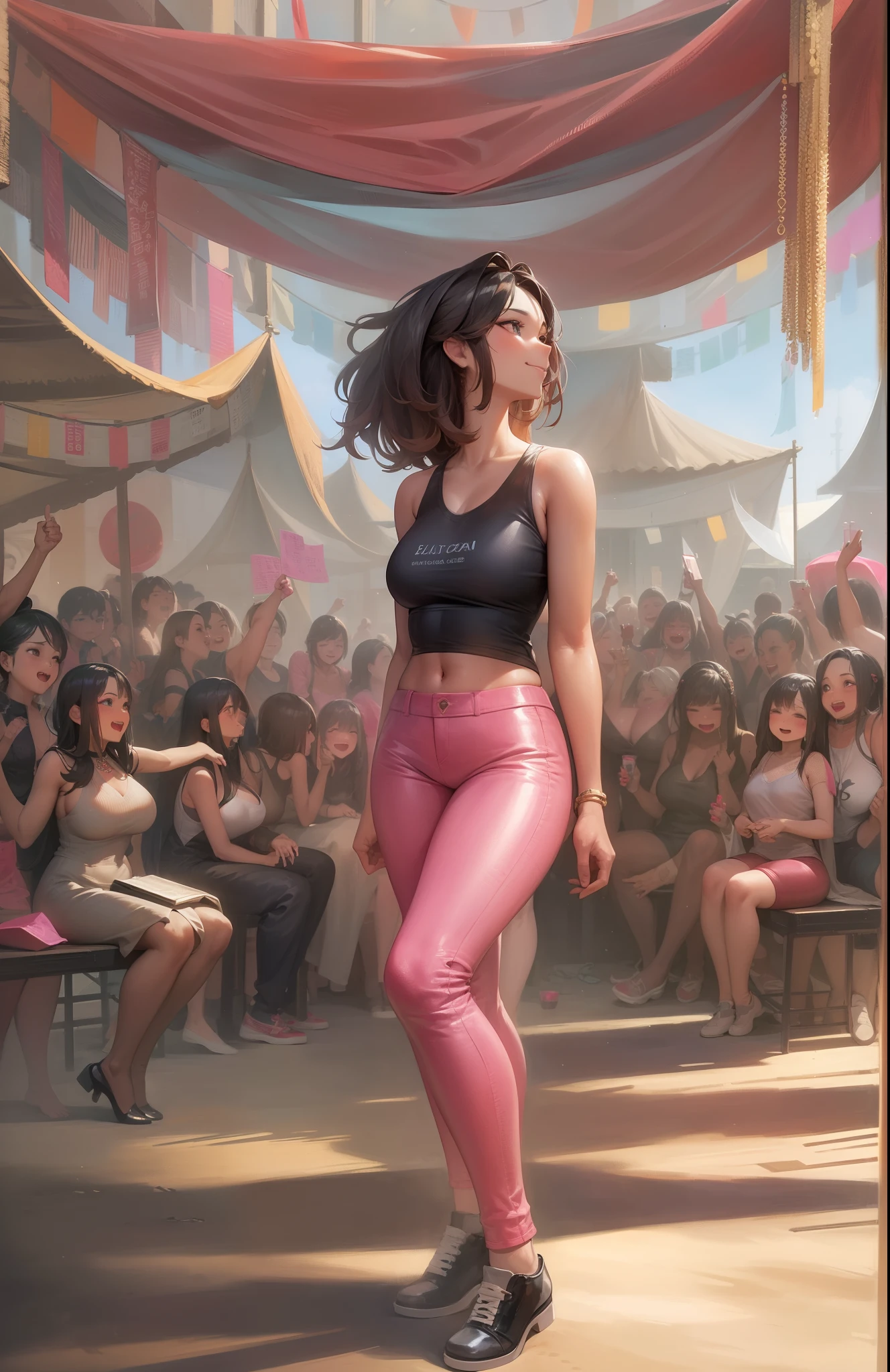 Black tank top、Pink Leather Pants、adult lady、(huge bust)、Festival Venue、A lot of women are gathered here、full body Esbian、Looks happy、celebration、Banzai、Gentle smile、Beautuful Women、beatiful backgrounds、{{{best quality}}}, {{ultra-detailed}}, {illustration},{{{masterpiece}}},