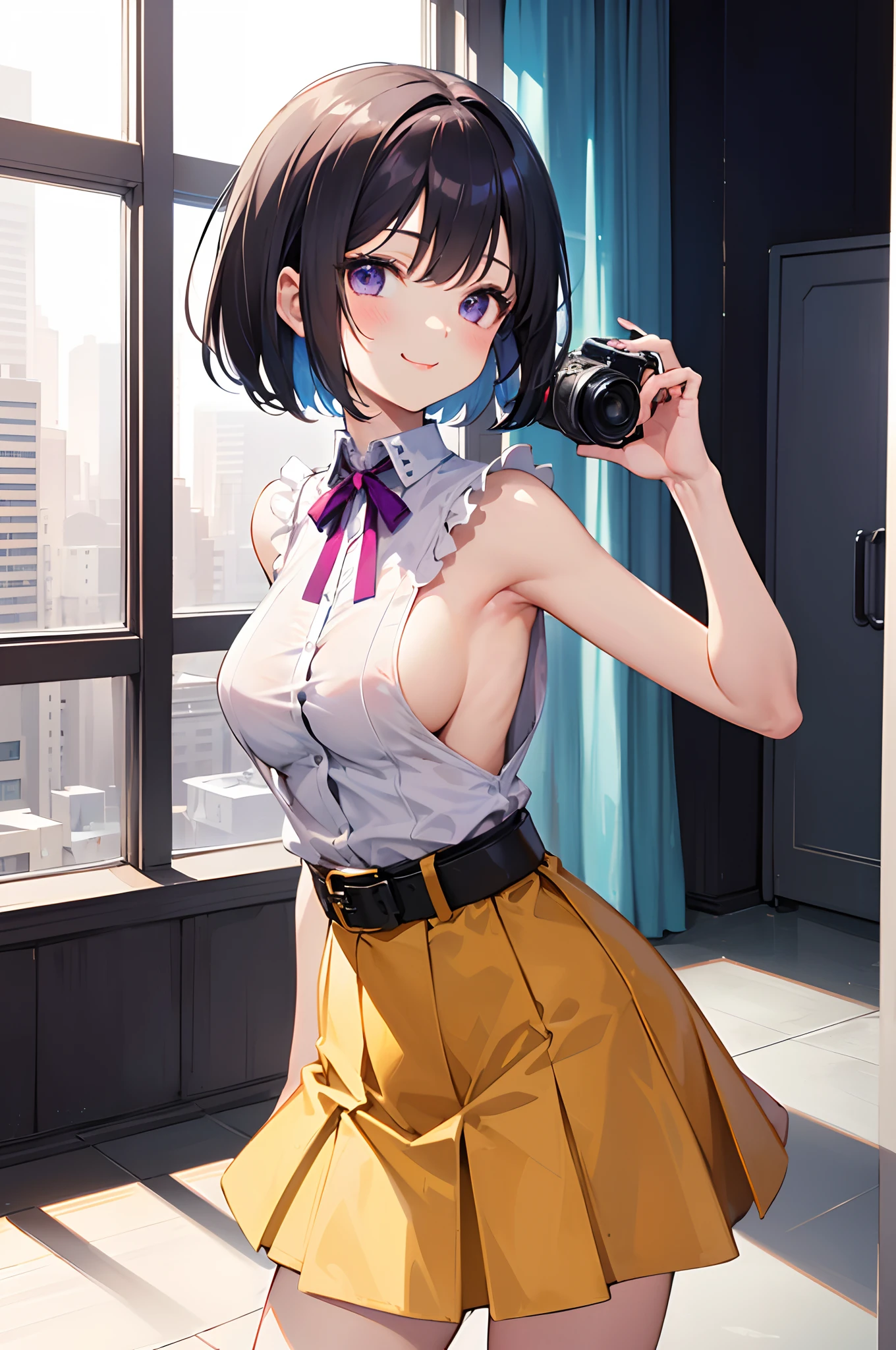 1girl, solo, holding a camera, short hair, short bob hair, beautiful and cute pose, side boob, joyful smile, bowtie, skirt, jewelry, belt, indoor, light purple shirt, neck ribbon, sleeveless, unbuttoned, cute smug, :p, medium breasts, medium short body, finger on the sideboob clothes pull