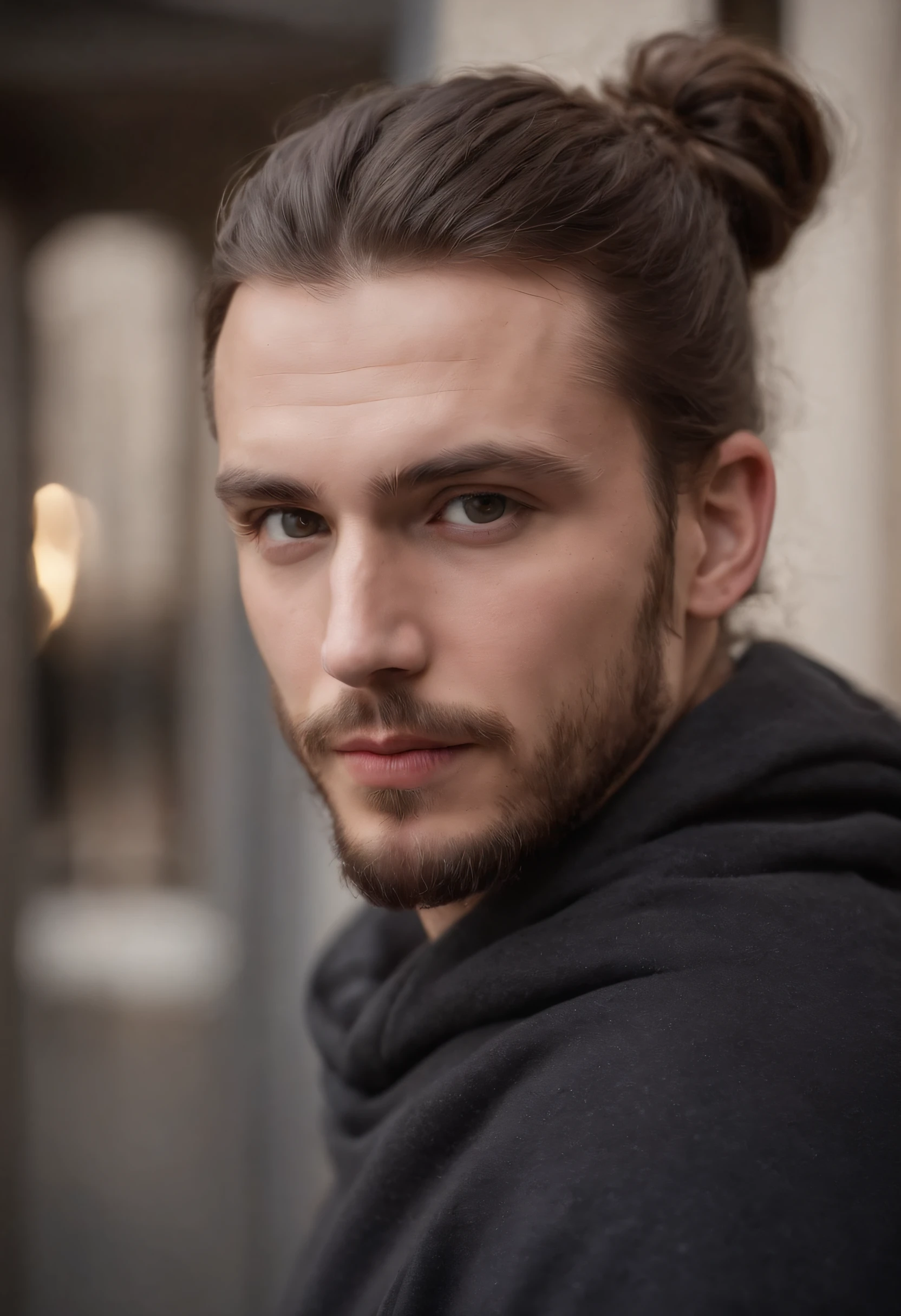 Finnish man around 30 years old, natural brown hair in a manbun, manbun, slightly receding hairline, thick beard, distinctive light brown eyes, wearing a black hoodie, 176 cm tall average build male, candlelight in a medieval setting, ultra sharp focus, realistic shot, modern stylish clothes, tetradic colors