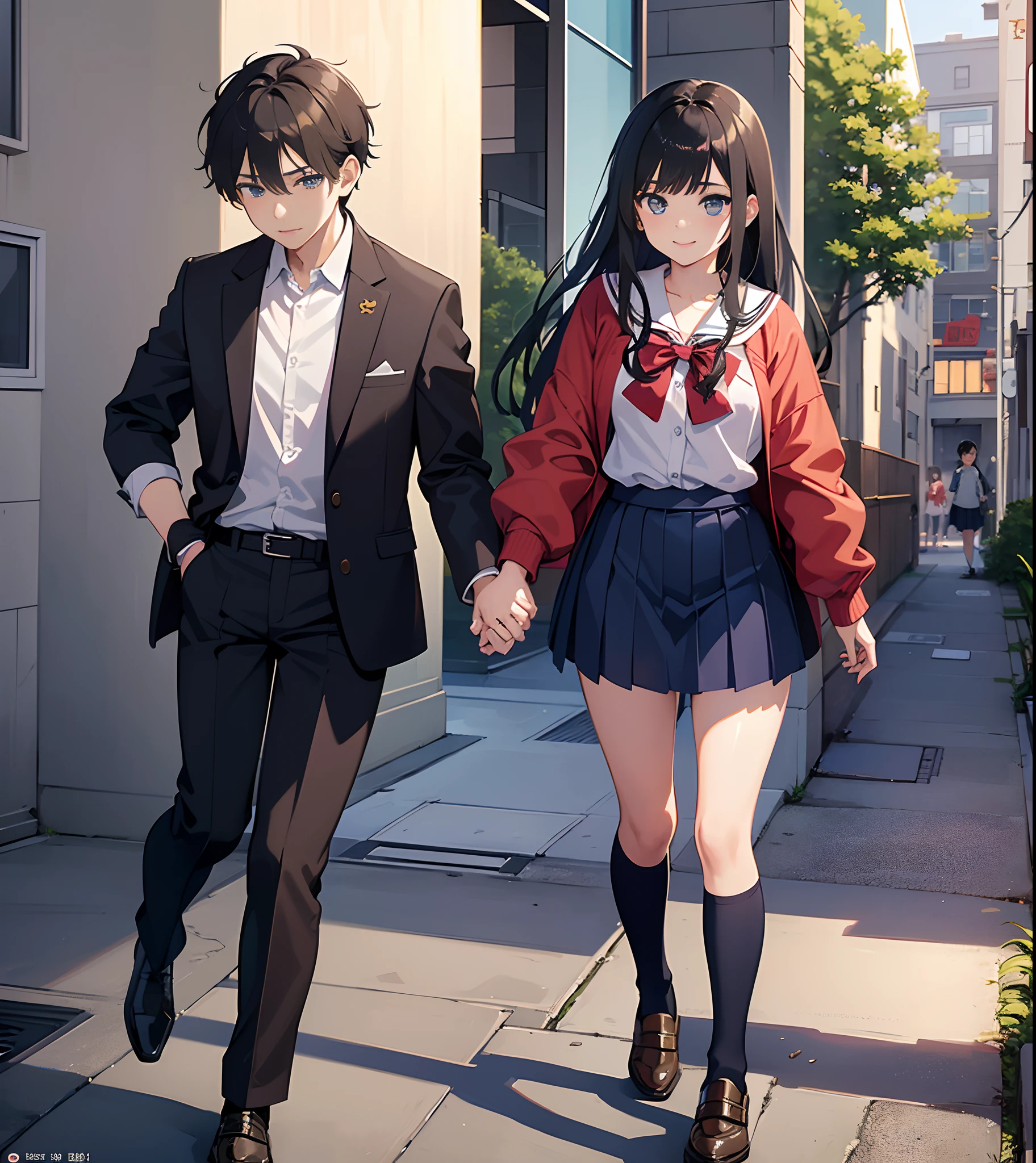 (there is a woman and a boy Stand standing side by side :2,0), a picture by Shingei, pixiv, shin hanga, hi - res scan, hi-res scan, at pixiv, in anime style,One hand hugs the girl's waist, sweet couple, official art, made with anime painter studio, in an anime style, 8k!!,(Korean ****** high school uniform a girl with mini skirt),(anime style),(Same uniform),(a young girl with a young boy),(sweet face),(*********** couple),(cute face),(smiley face),(full body shot),(loli and shota),(***** couple in school uniform)