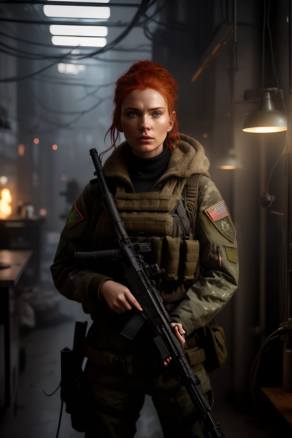cozy, arafed woman with a rifle in a dark room, redhead female cyberpunk, infantry girl, wojtek fus, female lead character, soldier girl, eve ventrue, stunning character art, epic sci - fi character art, epic sci-fi character art, solo female character, beautiful female soldier, ready for combat, mechanized soldier girl, sci - fi character