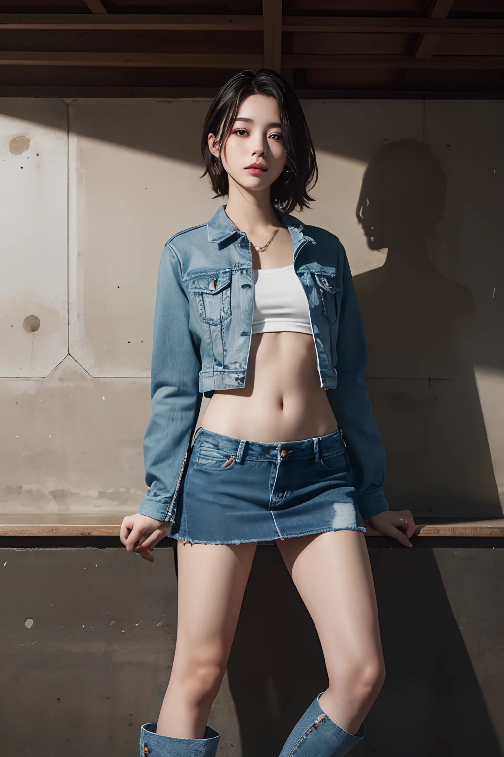 (masuter piece:1.3)、(8K、Photorealsitic、Raw photography、top-quality: 1.4)、(1girl in)、beautiful countenance、(Lifelike face)、(A dark-haired、Long)、
Beautiful hairstyle、realisticeyes、Beautiful details、(real looking skin)、Beautiful skins、absurderes、enticing、超A high resolution、A hyper-realistic、high-detail、the golden ratio、
((wide open abdomen))、((open abdomen))、((wide open navel))、((open navel))、((Mid-Lyph Denim Jacket))、((Ultra-low rise、Denim Mini Skirt))、
((Navel Ejection))、((small hips))、((long limbs))、((Full body depiction))、((small hip))、(boots)、((Ultra-low rise))、((Denim Mini Skirt))、