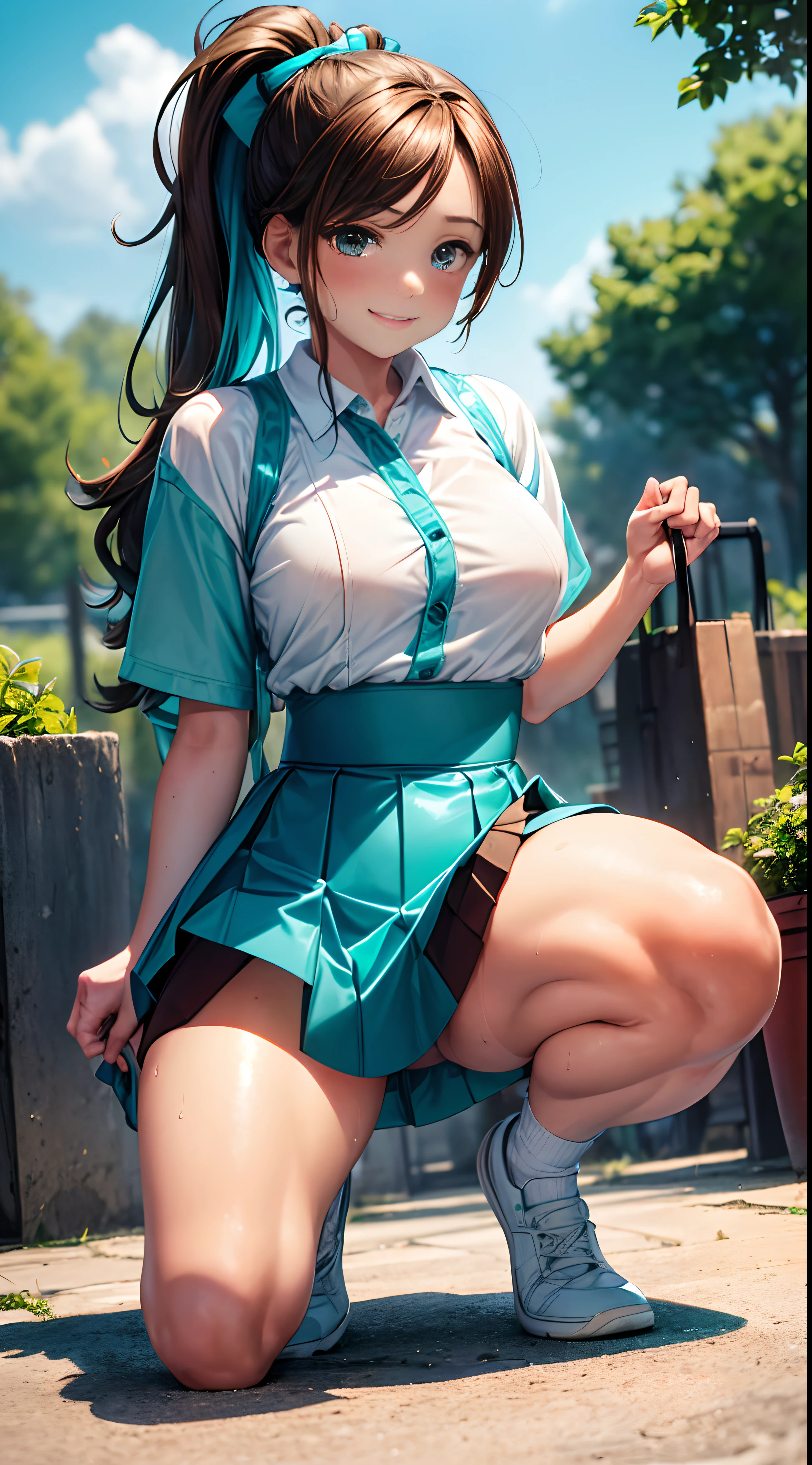 1womanl,ar old,wn hair,Beautiful ponytail hairstyle, (Teal High Waist Mini Skirt:1.3),, (whiteshirt:1.3), (double-breasted,Underbust:1.2), Short sleeves, buttonGap,A smile,small tits,Sweaty shirt,Sweat in the thighs,half squatting,legs wide open,My crotch is wet,